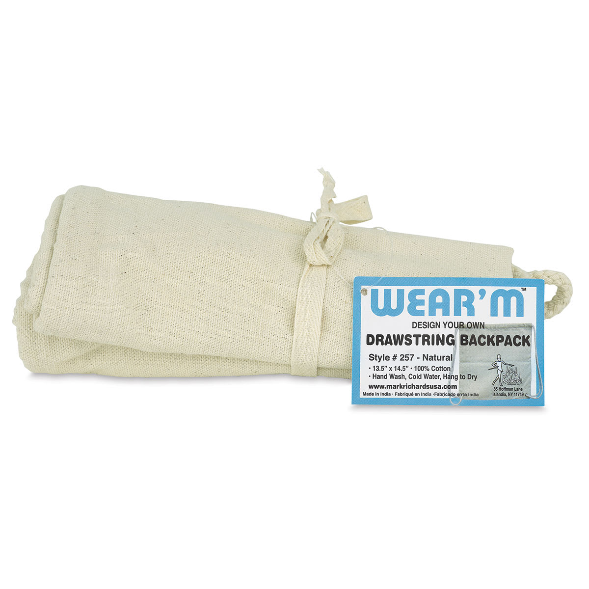 Canvas Drawstring Backpack - Top view of folded Natural Backpack with label