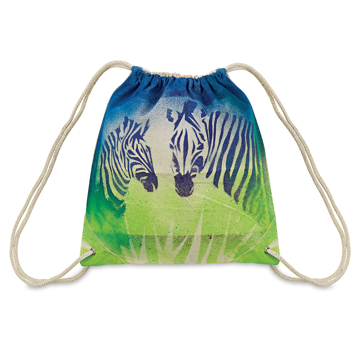 Canvas Drawstring Backpack - Top view of Natural Backpack decorated with zebra artwork
