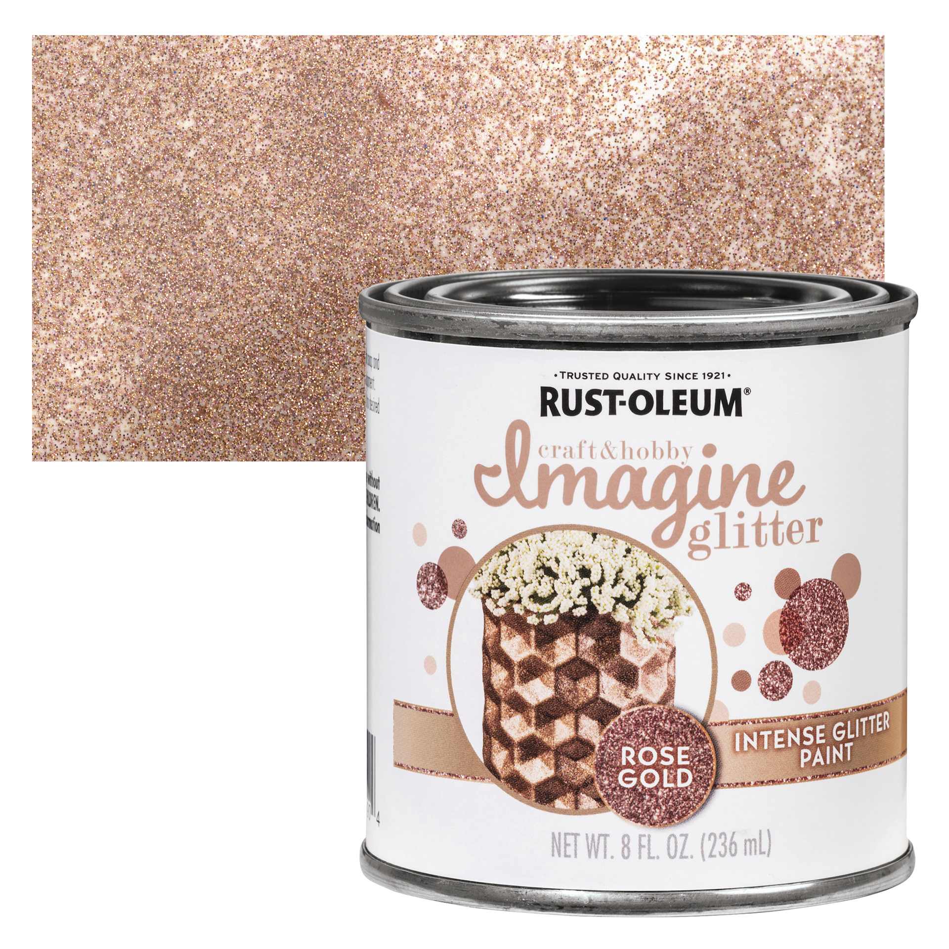 Rust-Oleum Imagine Intense Glitter Paint - Rose Gold, 8 oz can and swatch