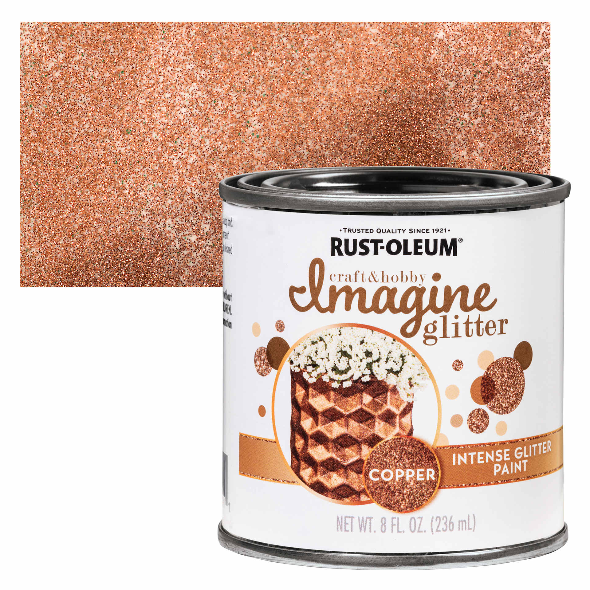 Rust-Oleum Imagine Intense Glitter Paint - Copper, 8 oz can and swatch