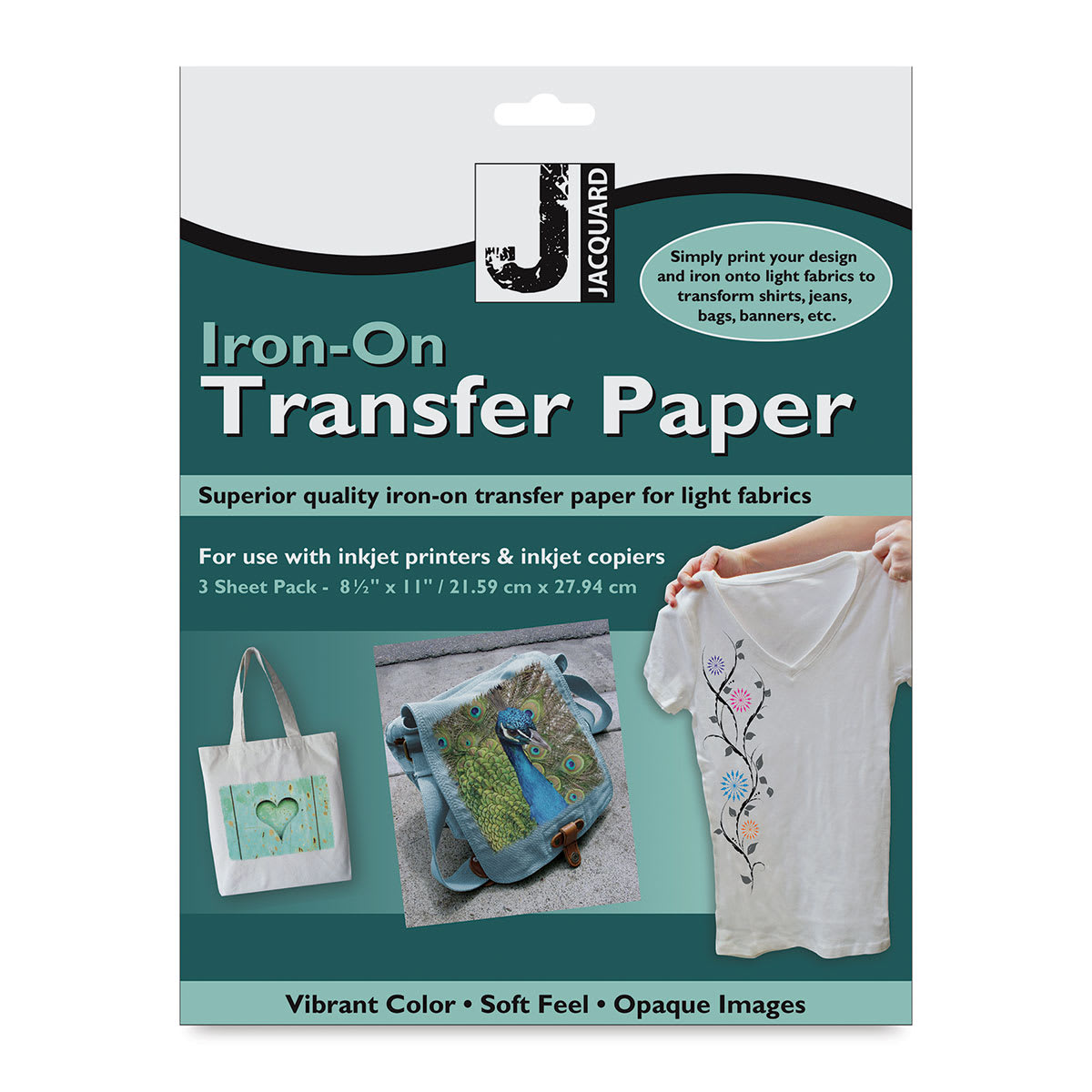 Jacquard Iron-On Transfer Paper - Front of package of 3 Sheets for Light Color fabric
