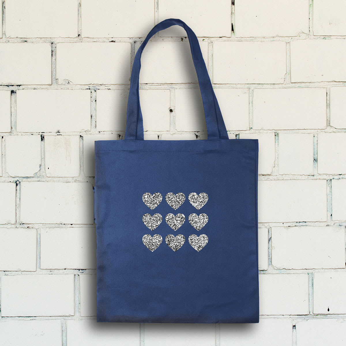 Iron-On Art - Blue Tote bag with Silver Mini-Hearts