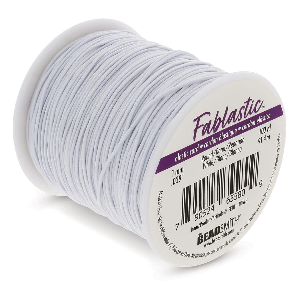 Round Stretch Cord, White, 1 mm x 100 yd