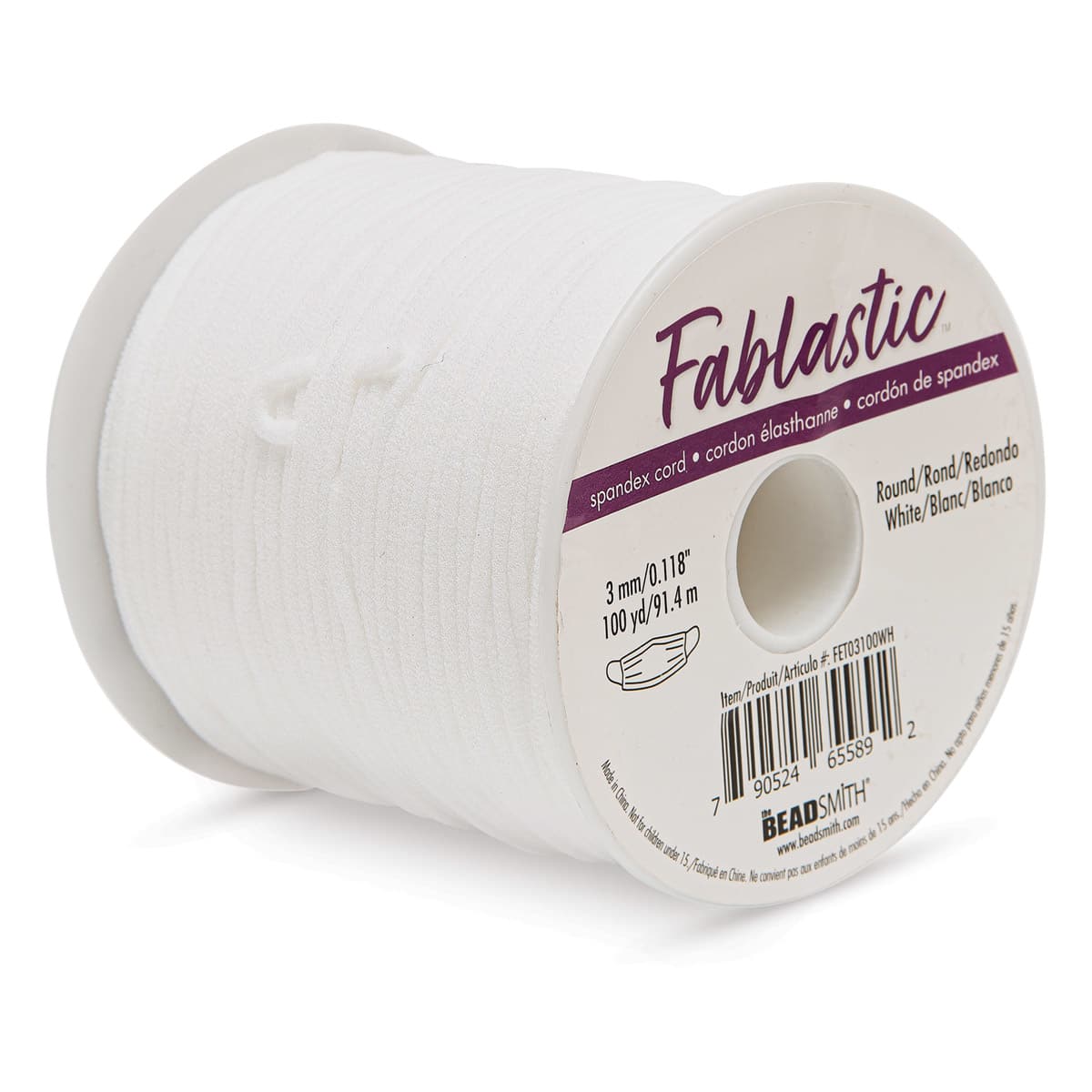 Round Stretch Cord, White, 3 mm x 100 yd