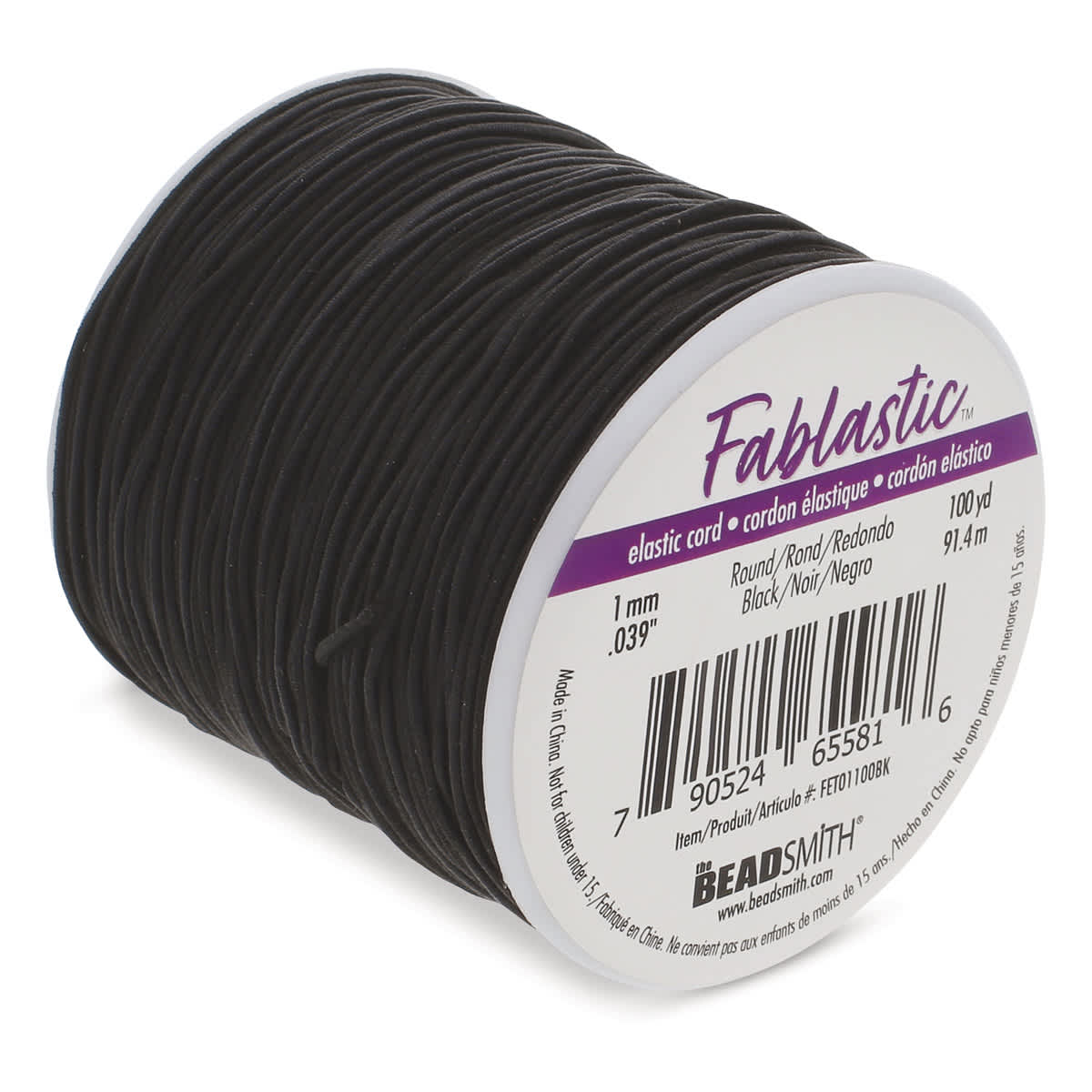 Round Stretch Cord, Black, 1 mm x 100 yd