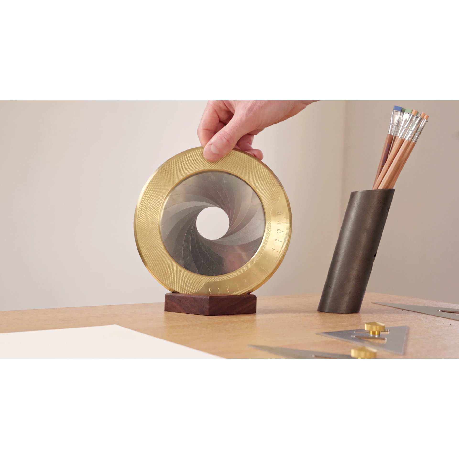 Makers Cabinet Iris Circle Tool - Large, 4-3/4", displayed on desk