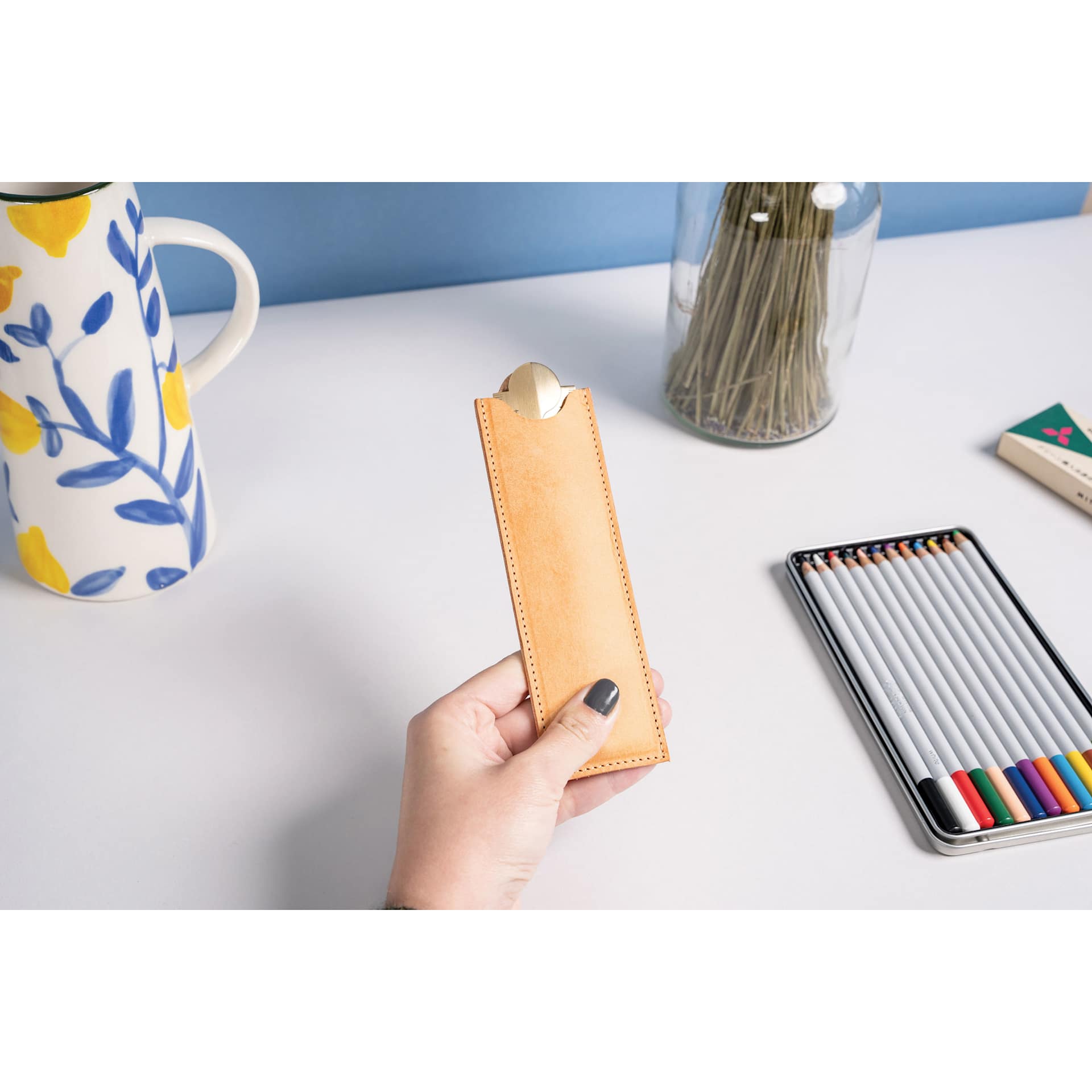 Makers Cabinet Leather Stria Sheath, held in hand (Stria not included)