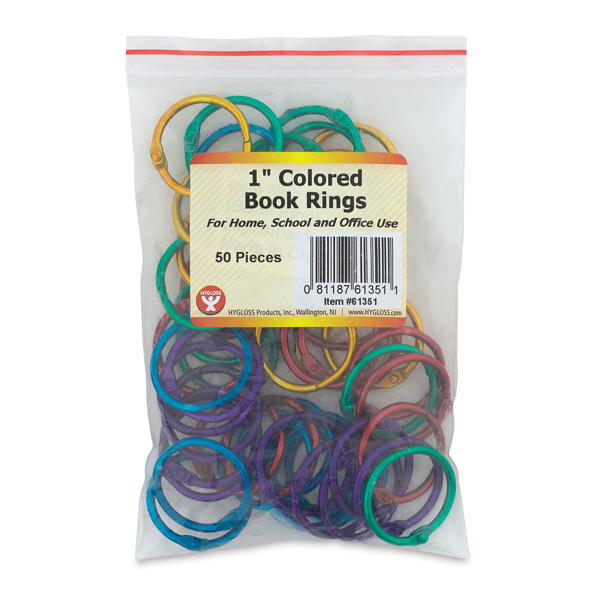 Hygloss Book Rings - Colored, Pkg of 50, 1" - front of packaging