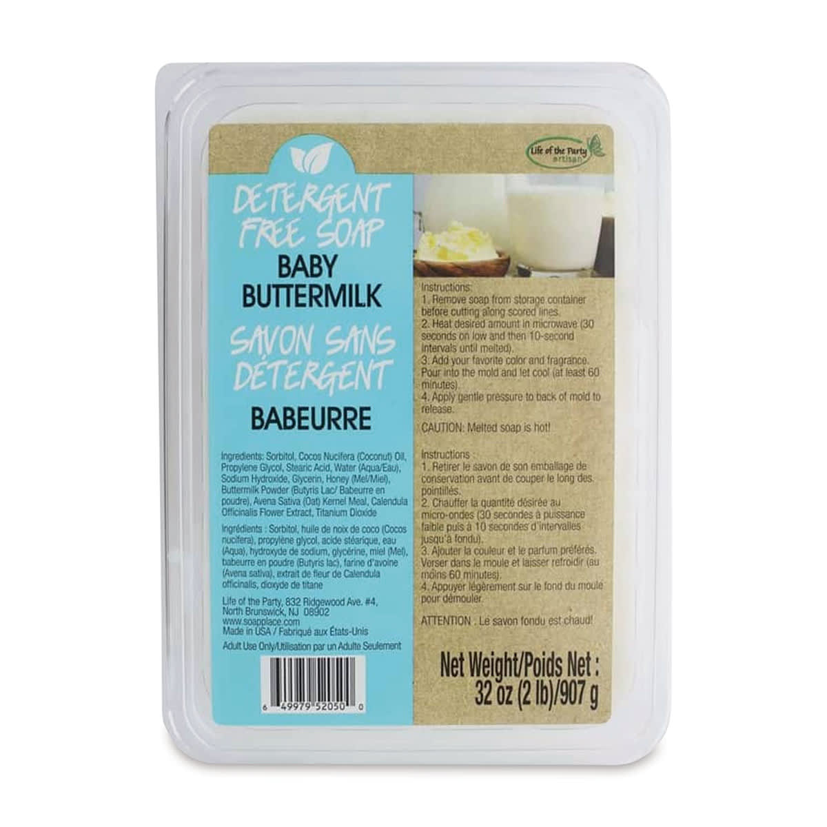 Life of the Party Detergent Free Soap Base - Front of Baby Buttermilk Package