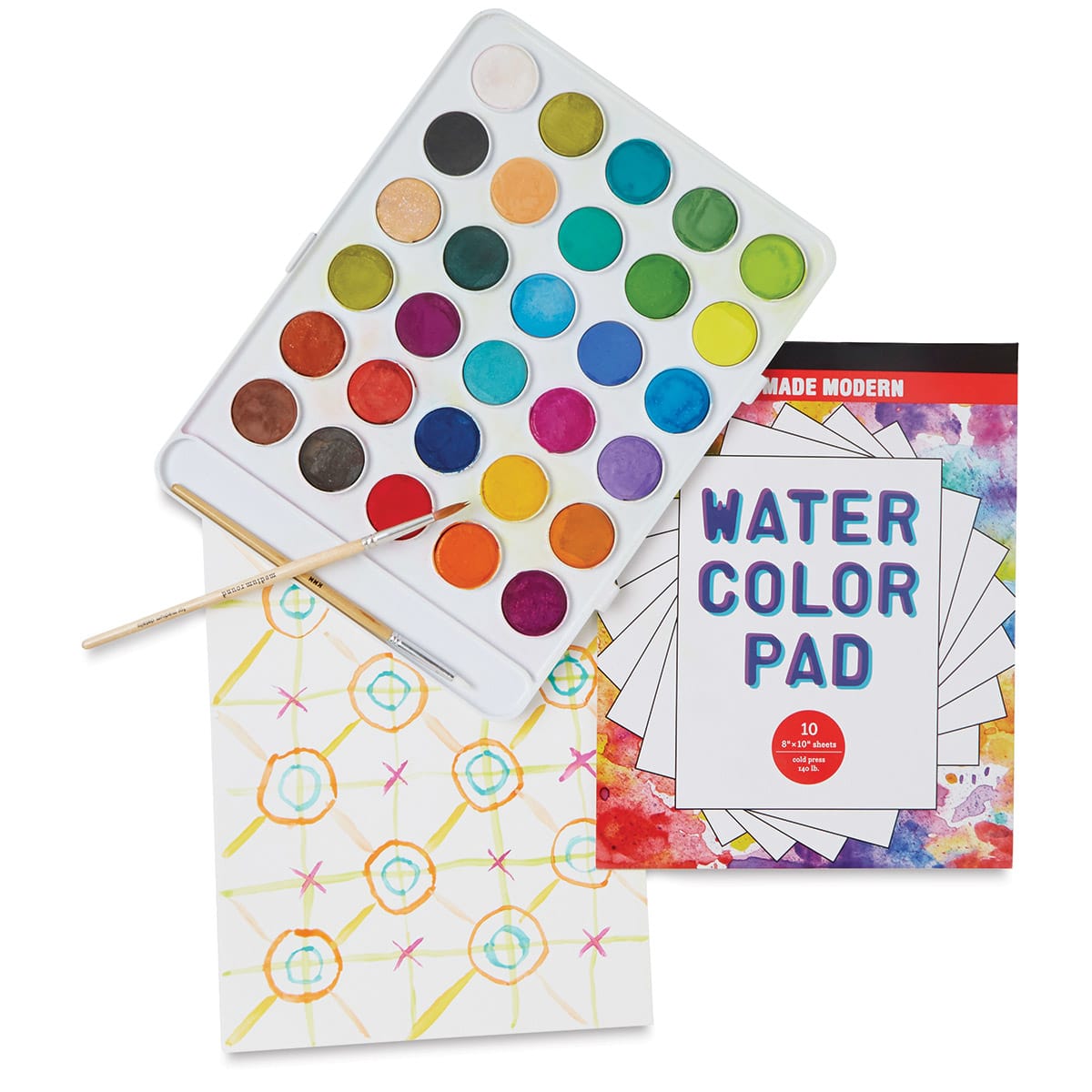 Wondrous Watercolor Kit - Components of kit shown including brushes, pad and watercolors