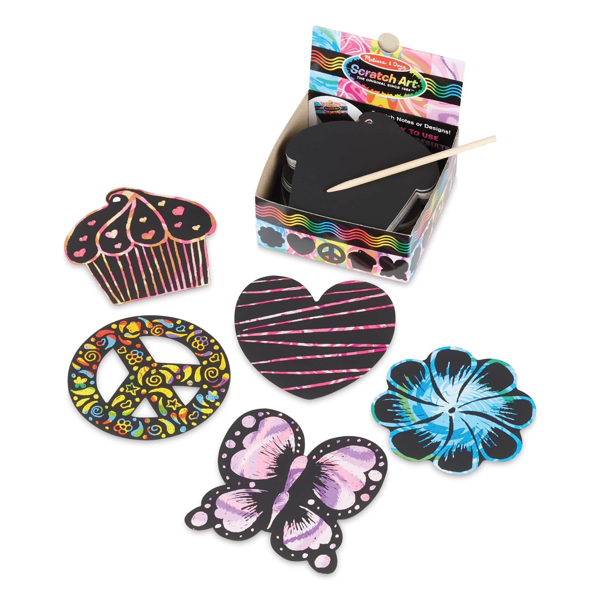 Melissa & Doug Scratch Art Mini friendship-themed notes and stylus laid outside of the packaging