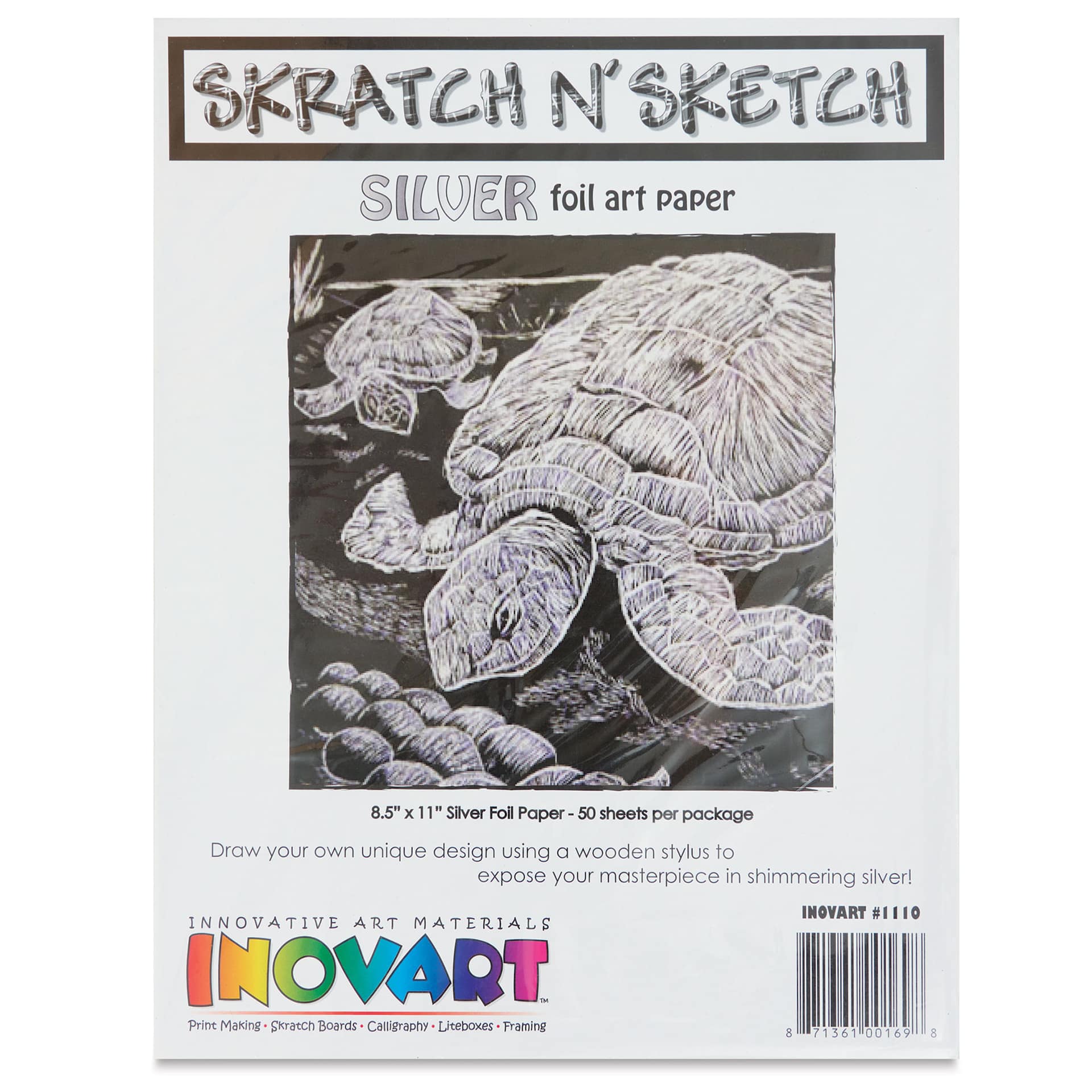 Inovart Skratch N' Sketch Scratch Foil Paper - Silver, Pkg of 50, front of the packaging