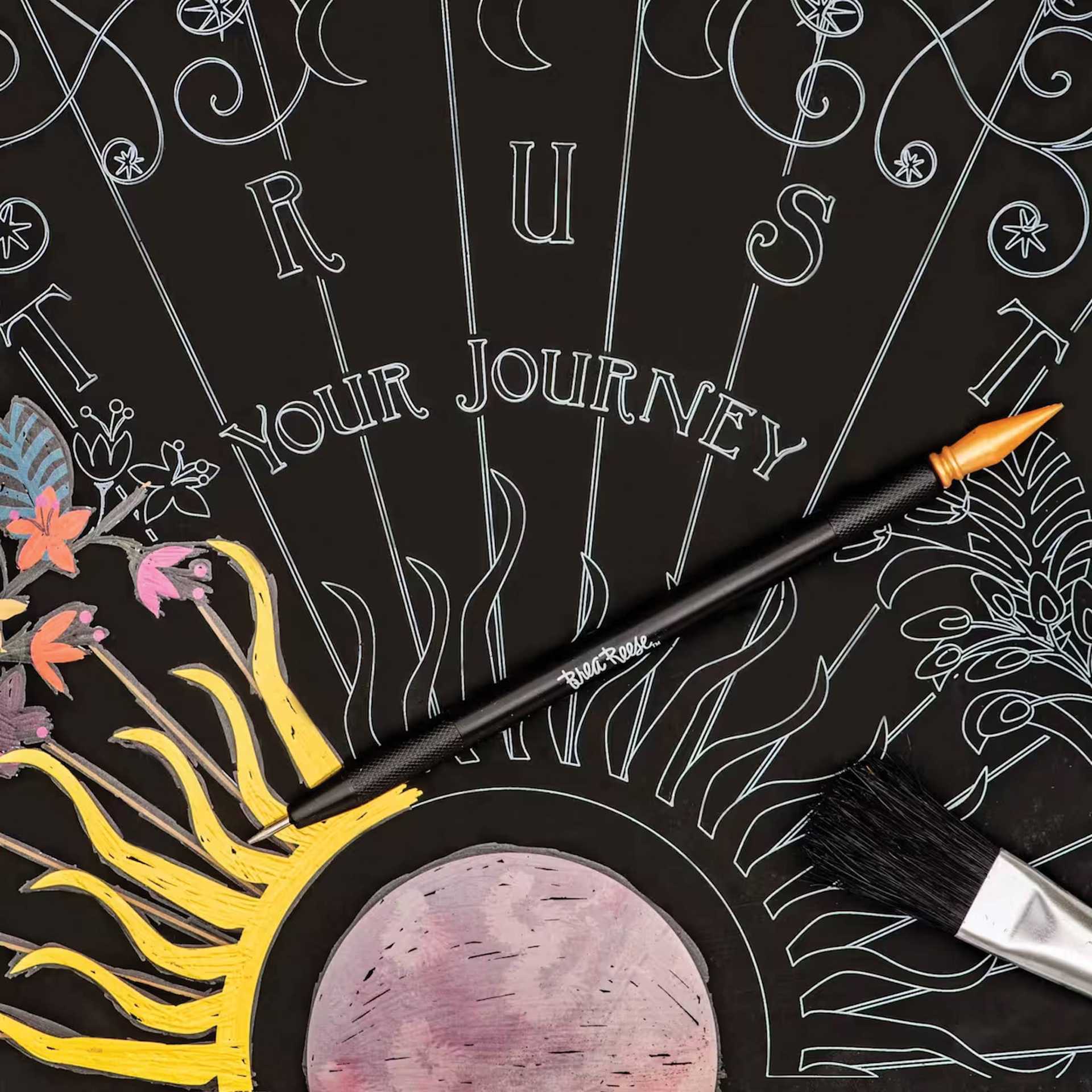 Brea Reese Scratch Art Kit - Celestial close-up of design and tools