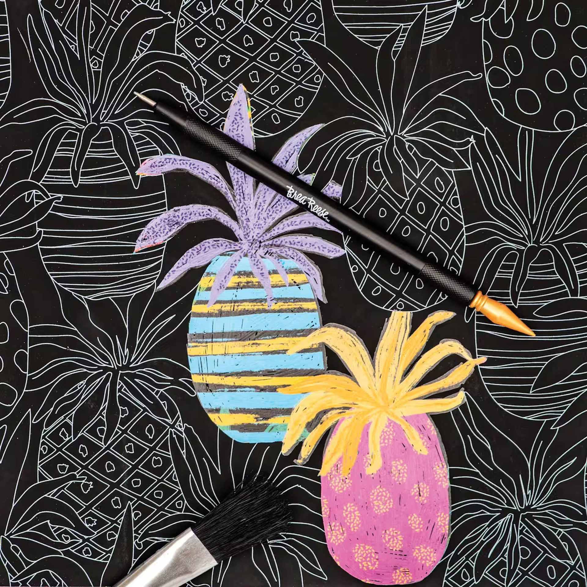 Brea Reese Scratch Art Kit - Tropical close-up of design and tools