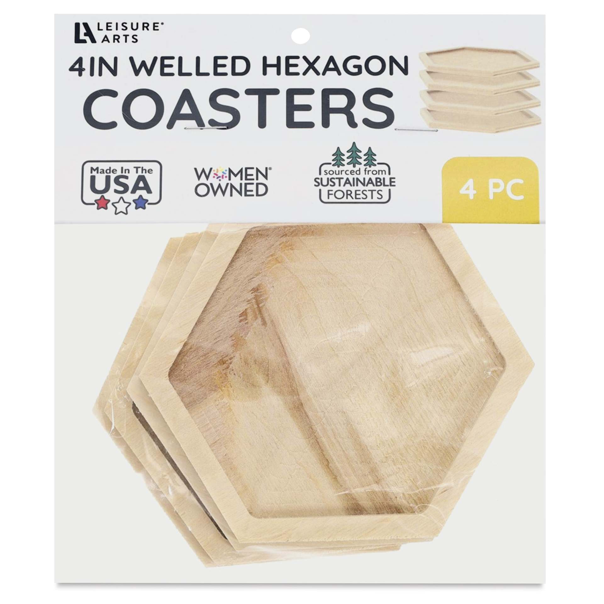 Leisure Arts Welled Wood Surface Coasters - Pkg of 4, Hexagon, 4" x 4-1/2" - front of packaging