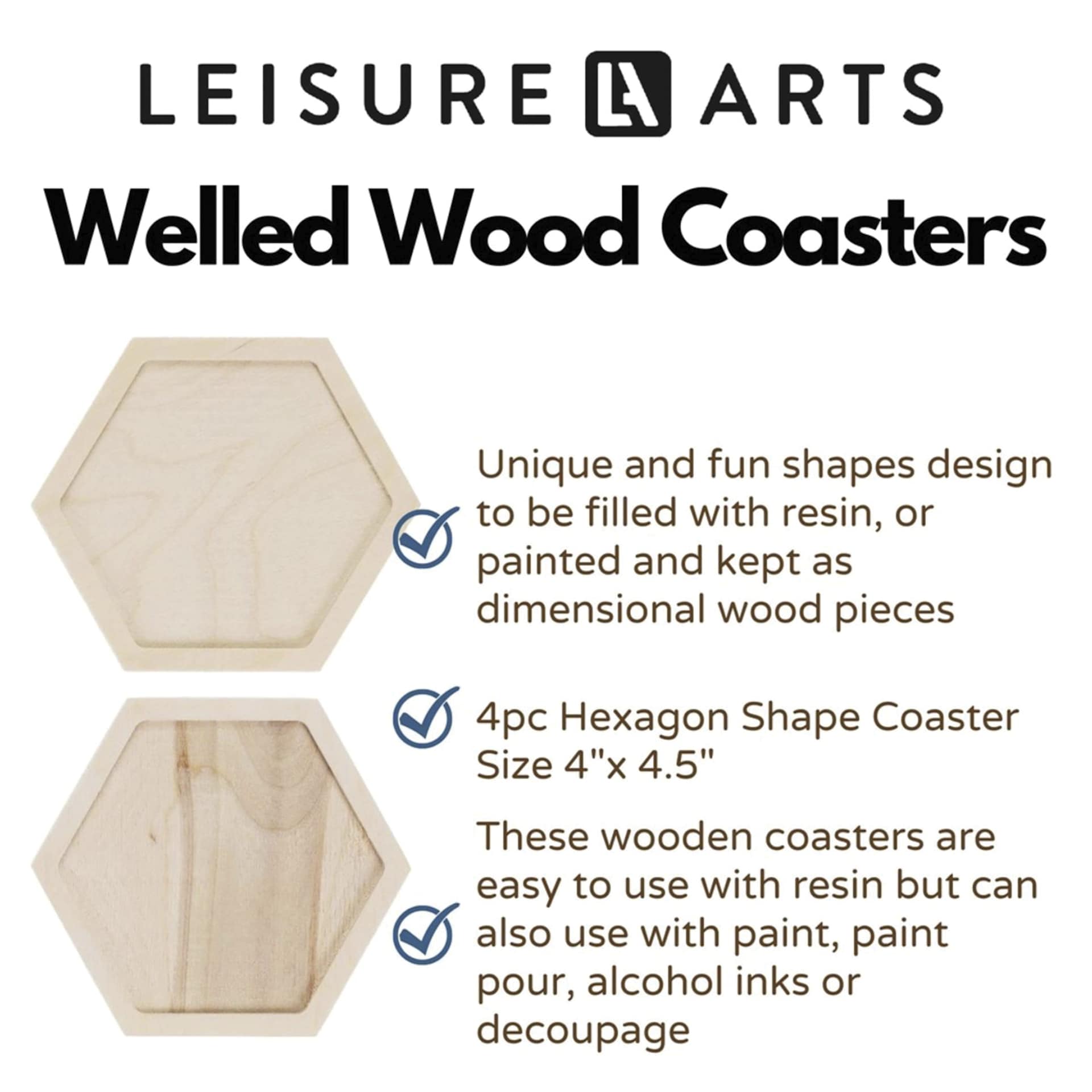 Leisure Arts Welled Wood Surface Coasters - Hexagon, 4" x 4-1/2" - dimensions 