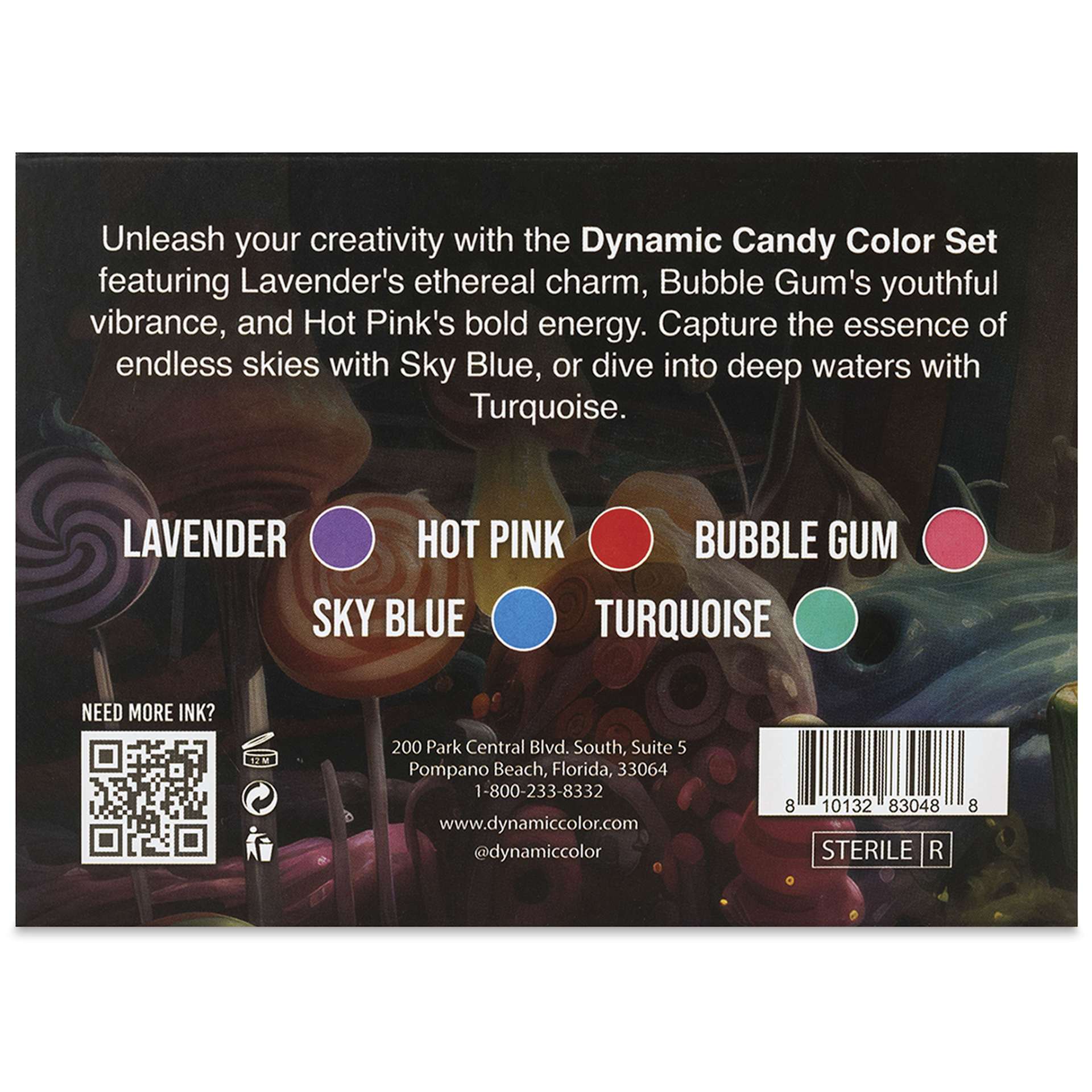 Dynamic Color Tattoo Ink - Set of 5, Candy Set, 1 oz bottles, back of packaging