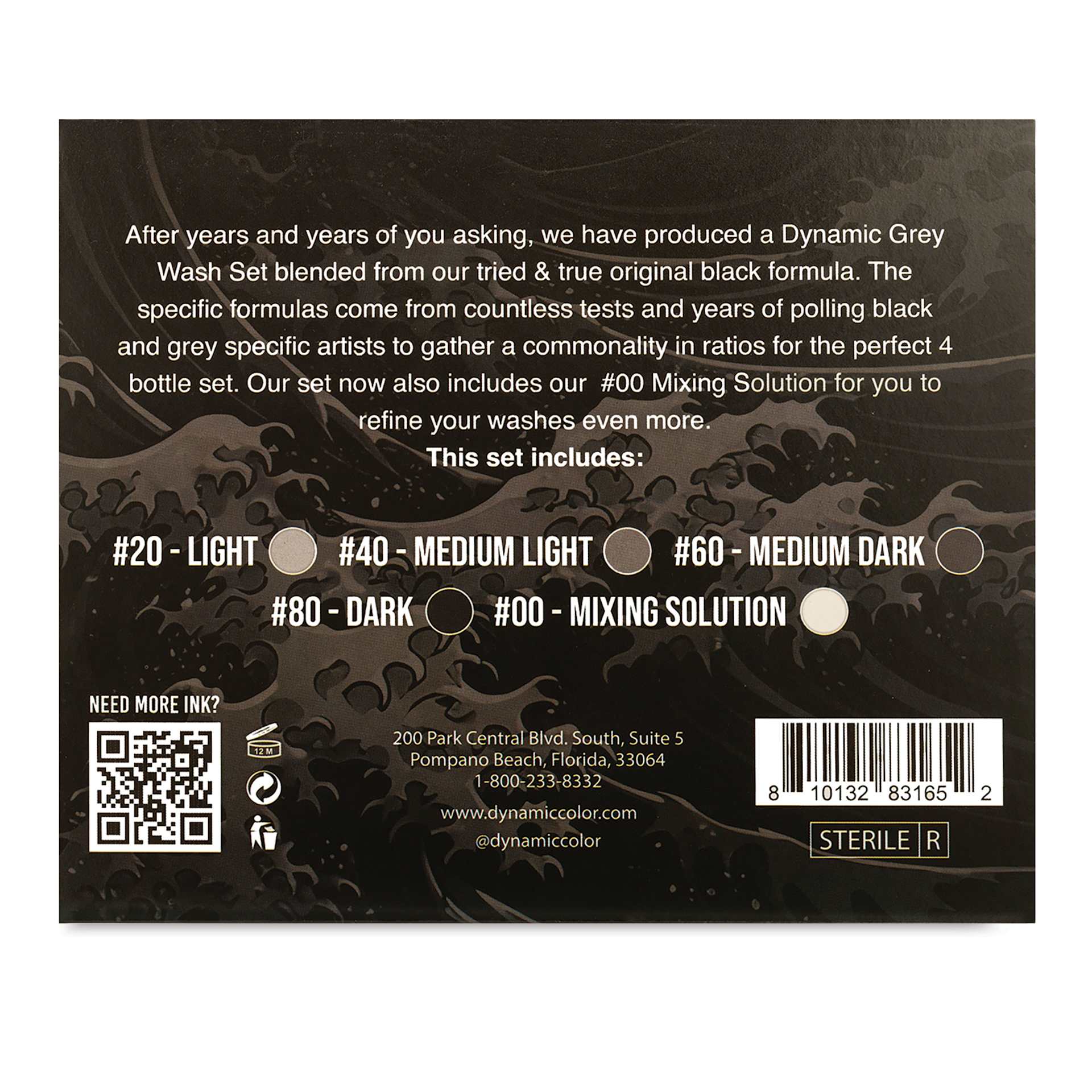 Dynamic Color Tattoo Inks and Sets - Set of 5, Greywash, 4 oz, back of packaging