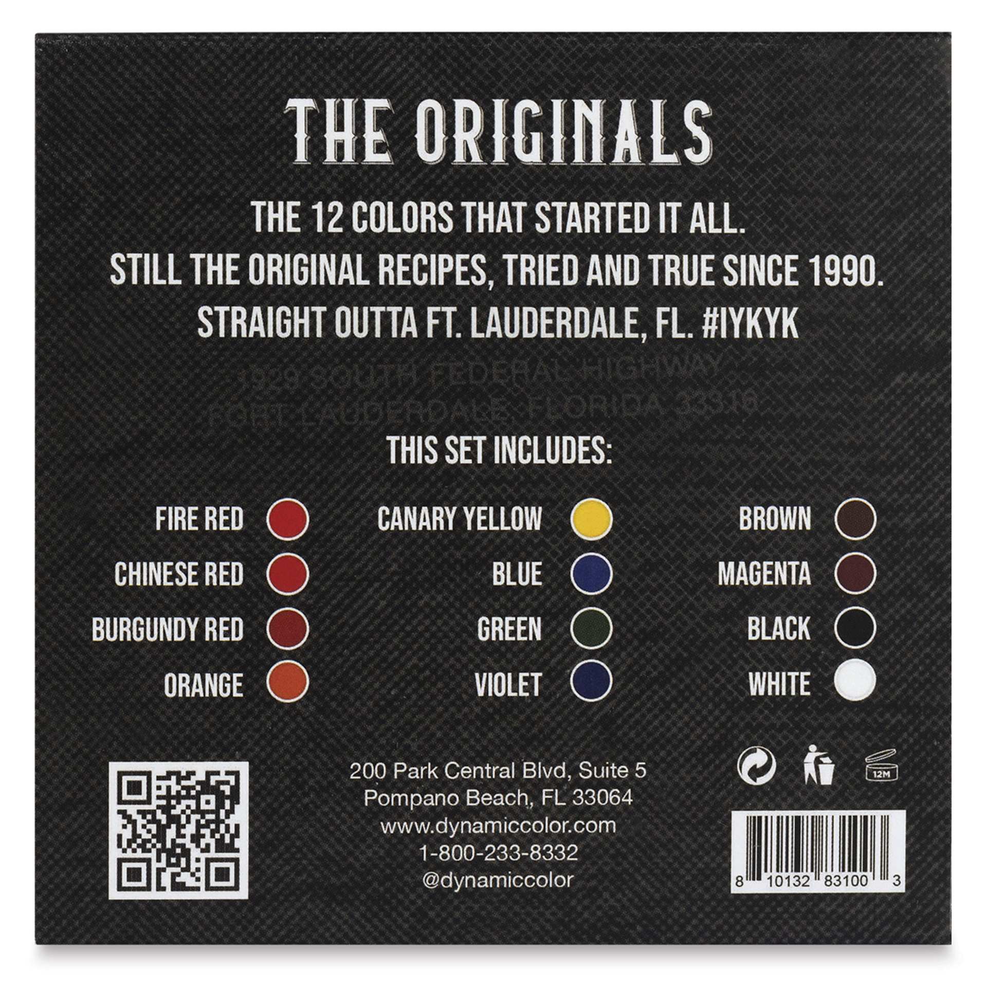 Dynamic Color Tattoo Ink - Set of 12, OG Set, 1 oz bottles, back of packaging