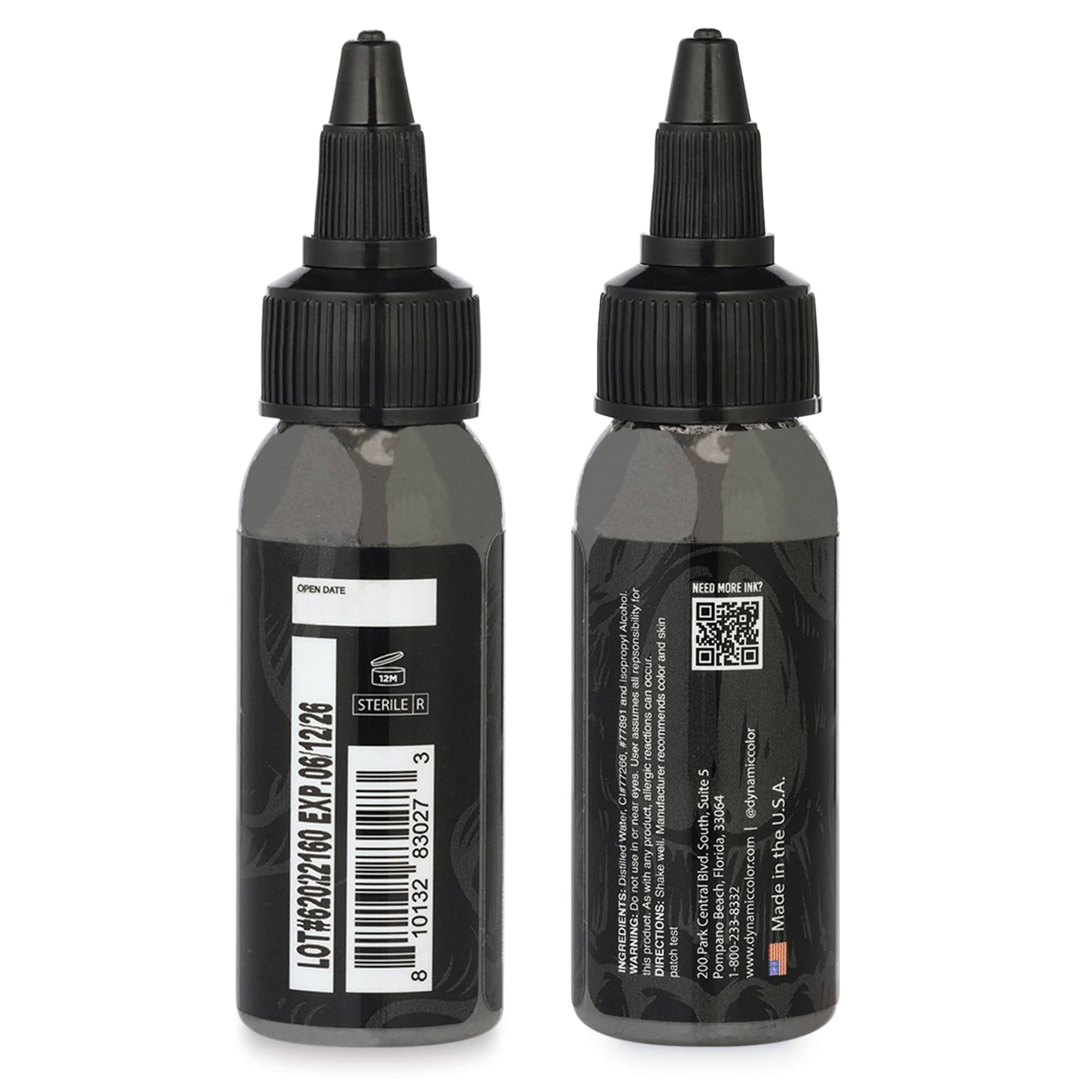Dynamic Color Tattoo Ink - Dark Grey, 1 oz bottle, sides of bottle