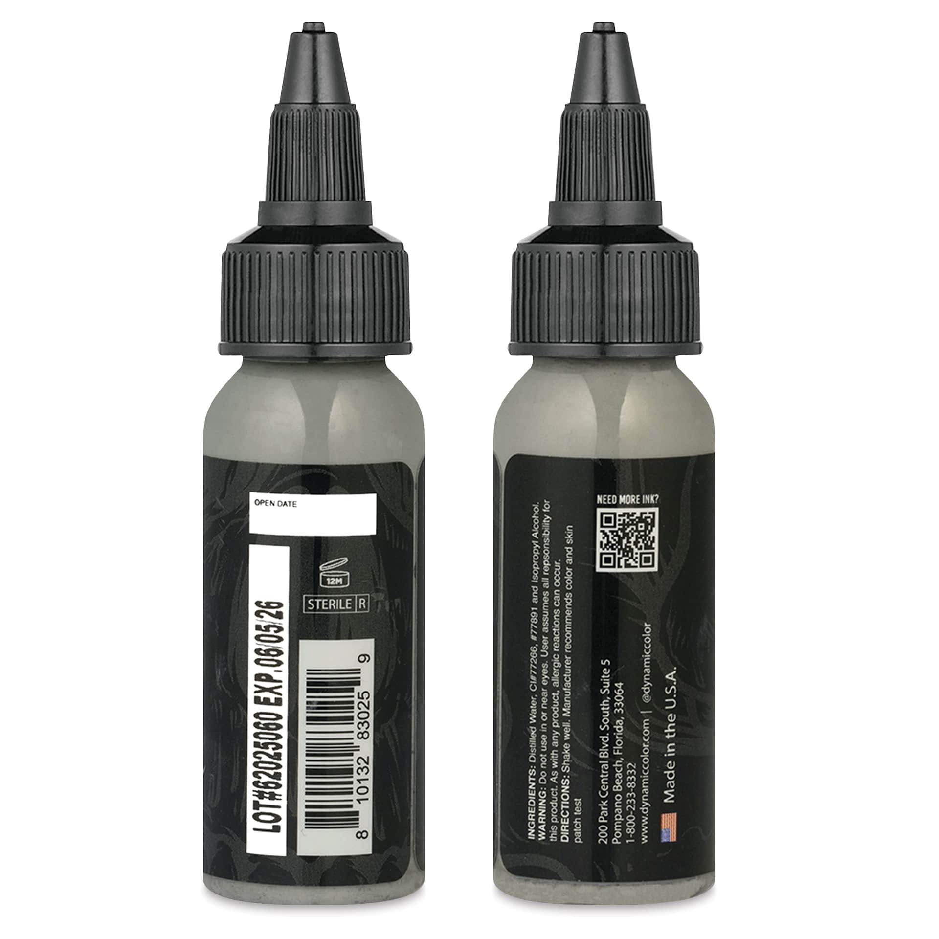 Dynamic Color Tattoo Ink - Light Grey, 1 oz bottle, sides of bottle