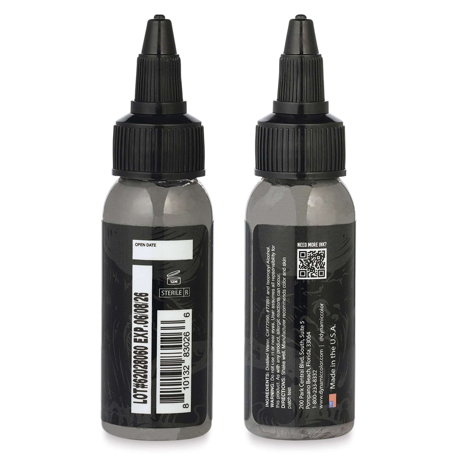 Dynamic Color Tattoo Ink - Medium Grey, 1 oz bottle, sides of bottle