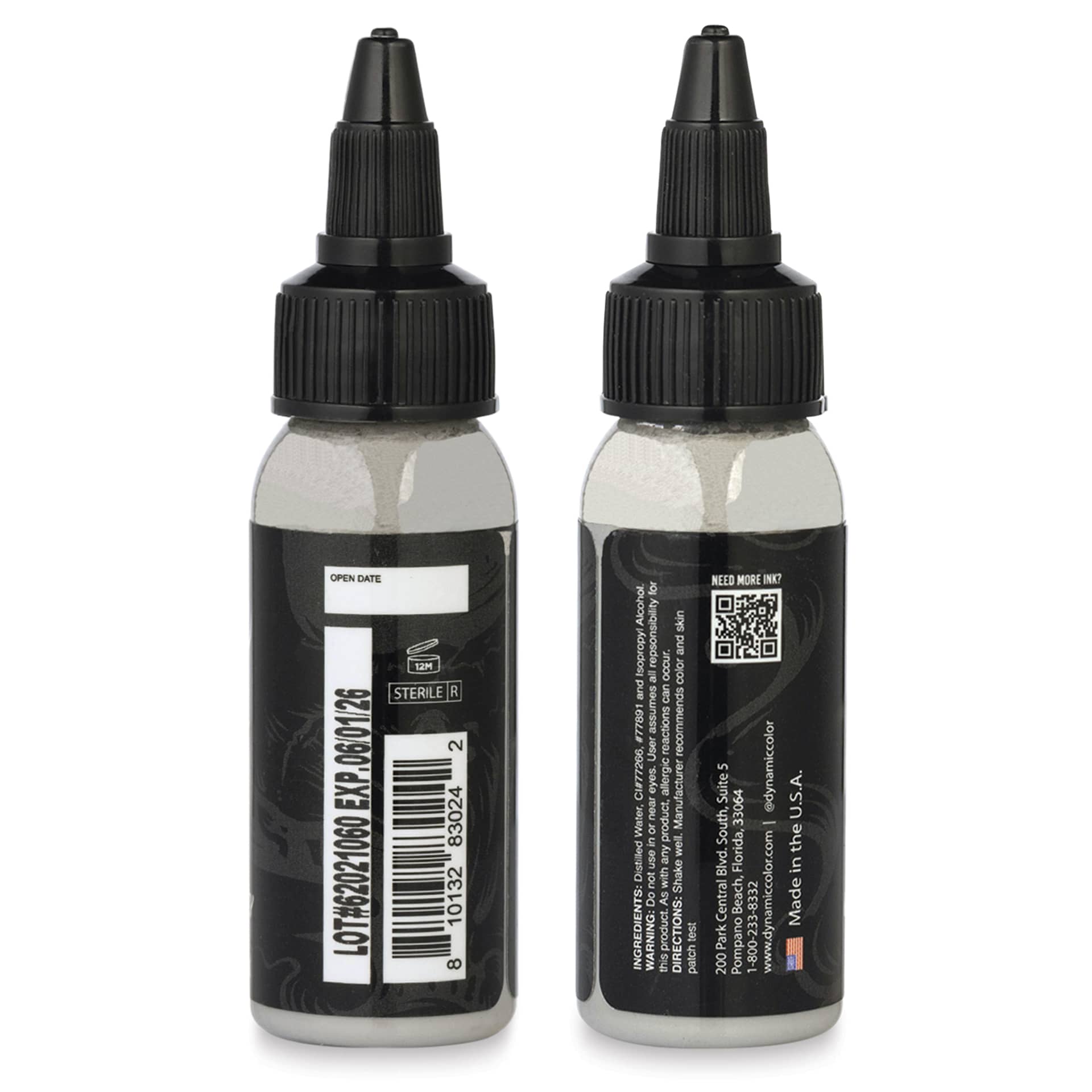 Dynamic Color Tattoo Ink - Ultra Light Grey, 1 oz bottle, sides of bottle