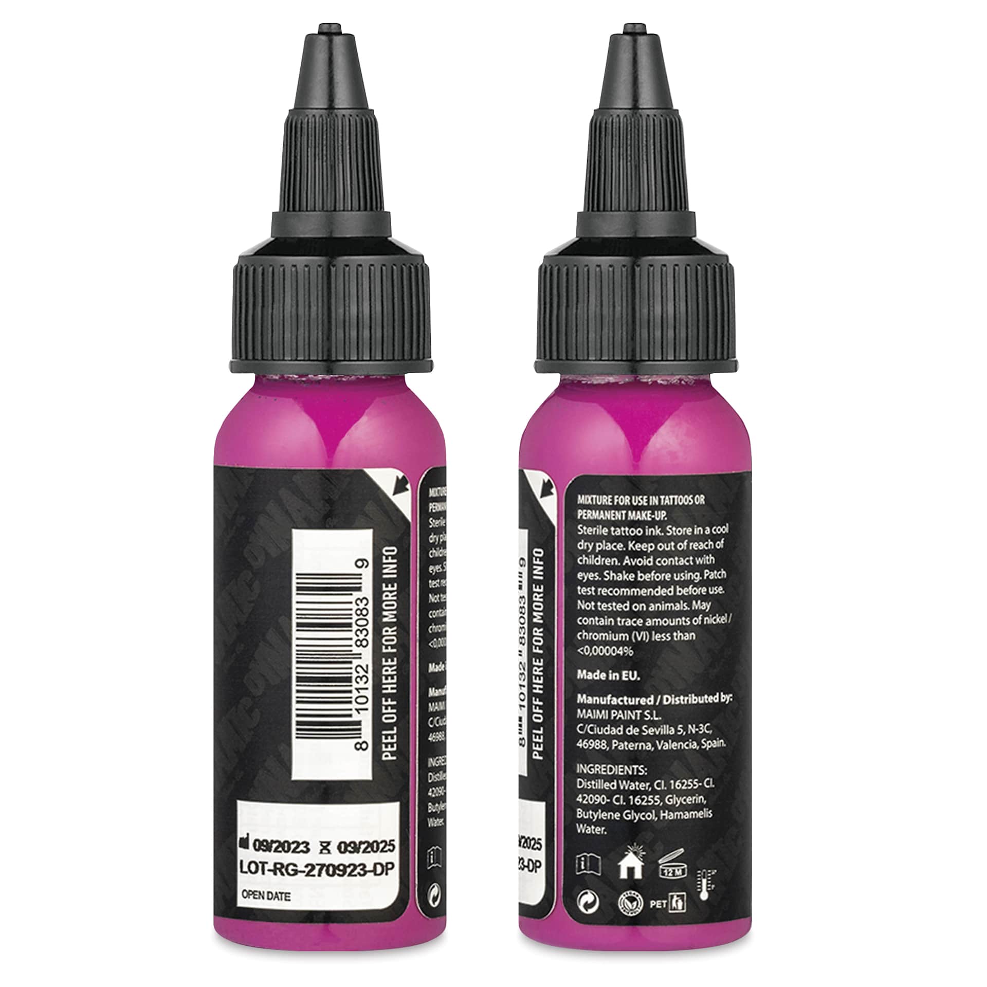 Dynamic Color Tattoo Ink - Red Grape, 1 oz bottle, sides of bottle