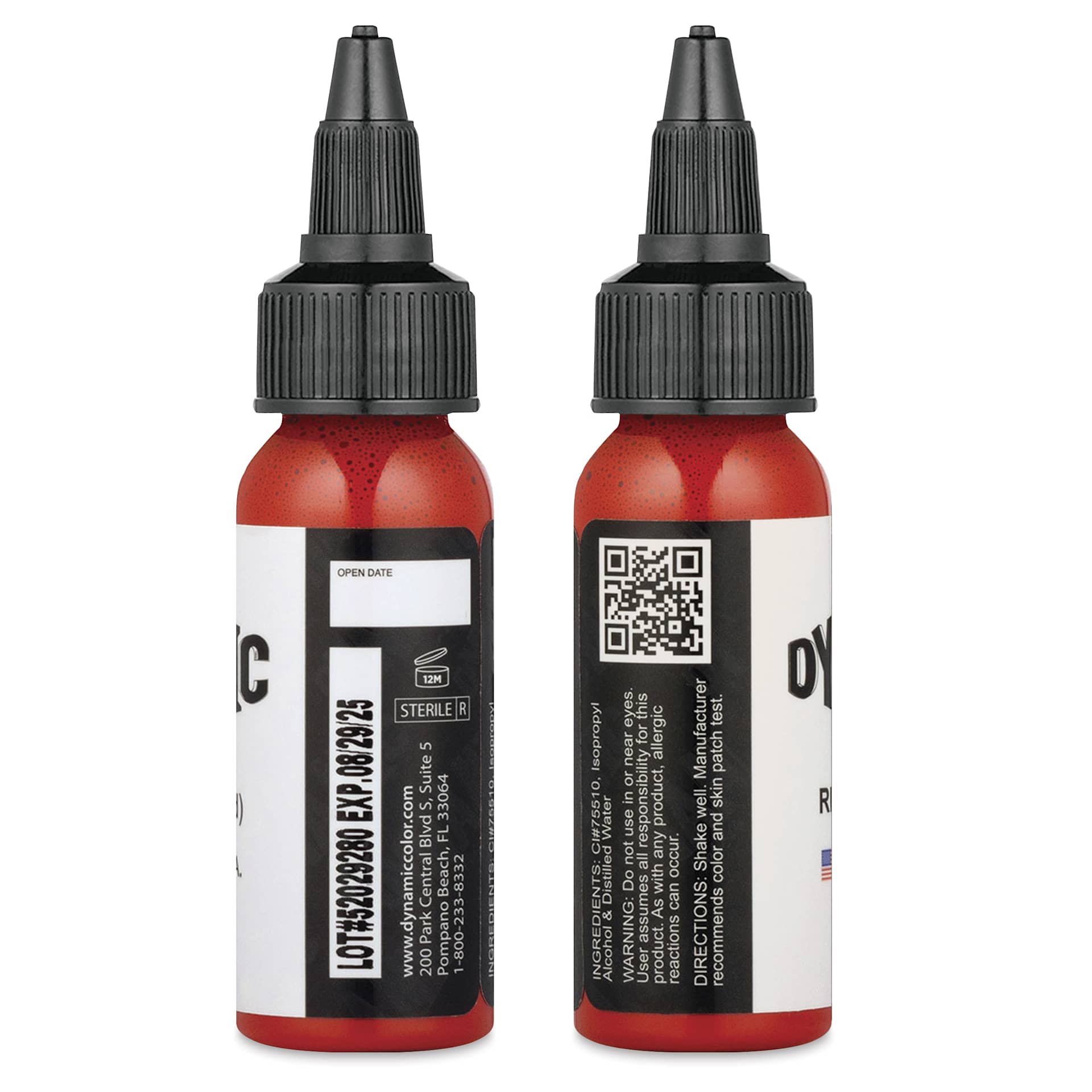 Dynamic Color Tattoo Ink - Chinese Red, 1 oz bottle, sides of bottle