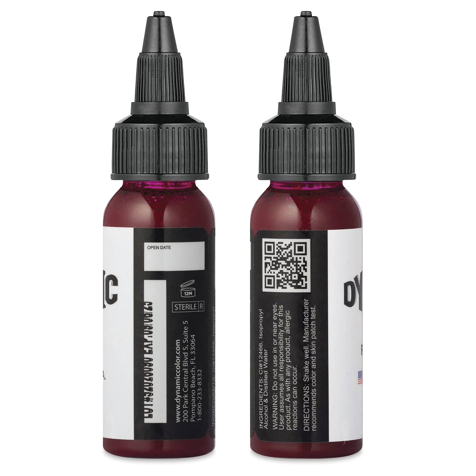 Dynamic Color Tattoo Ink - Wine Red, 1 oz bottle, sides of bottle