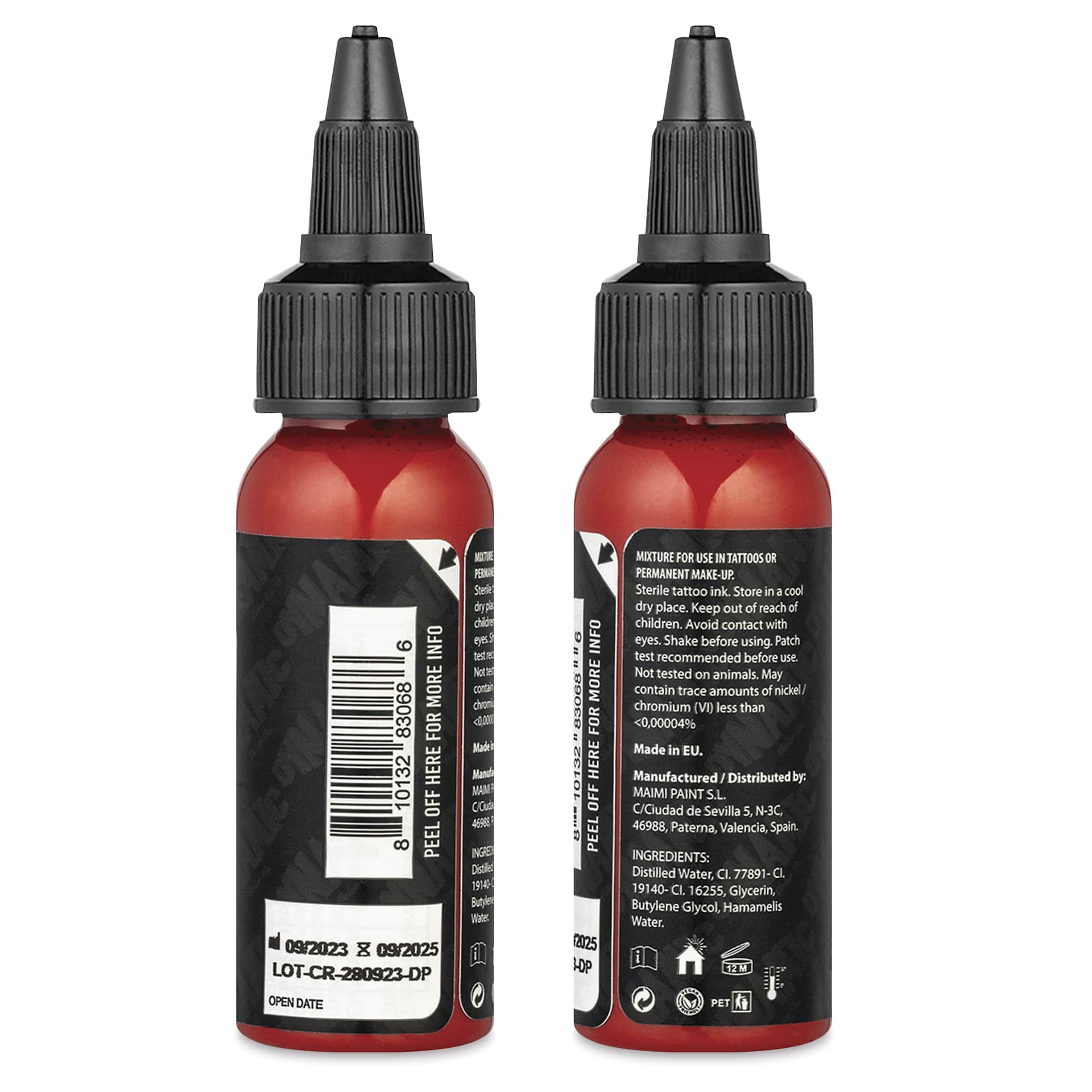 Dynamic Color Tattoo Ink - Crimson Red, 1 oz bottle, sides of bottle