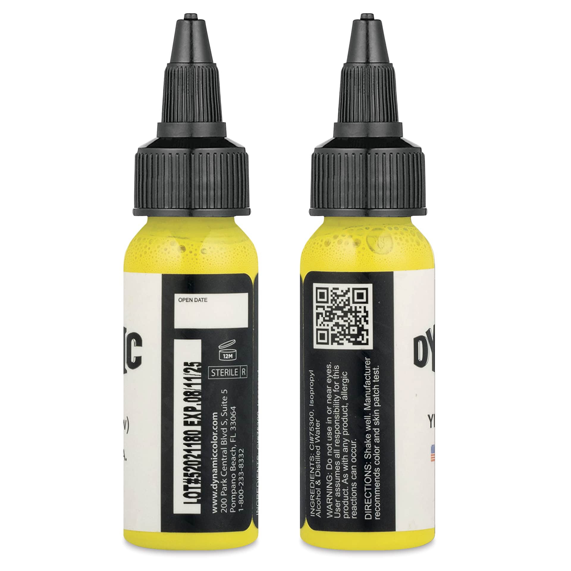 Dynamic Color Tattoo Ink - Lemon Yellow, 1 oz bottle, sides of bottle
