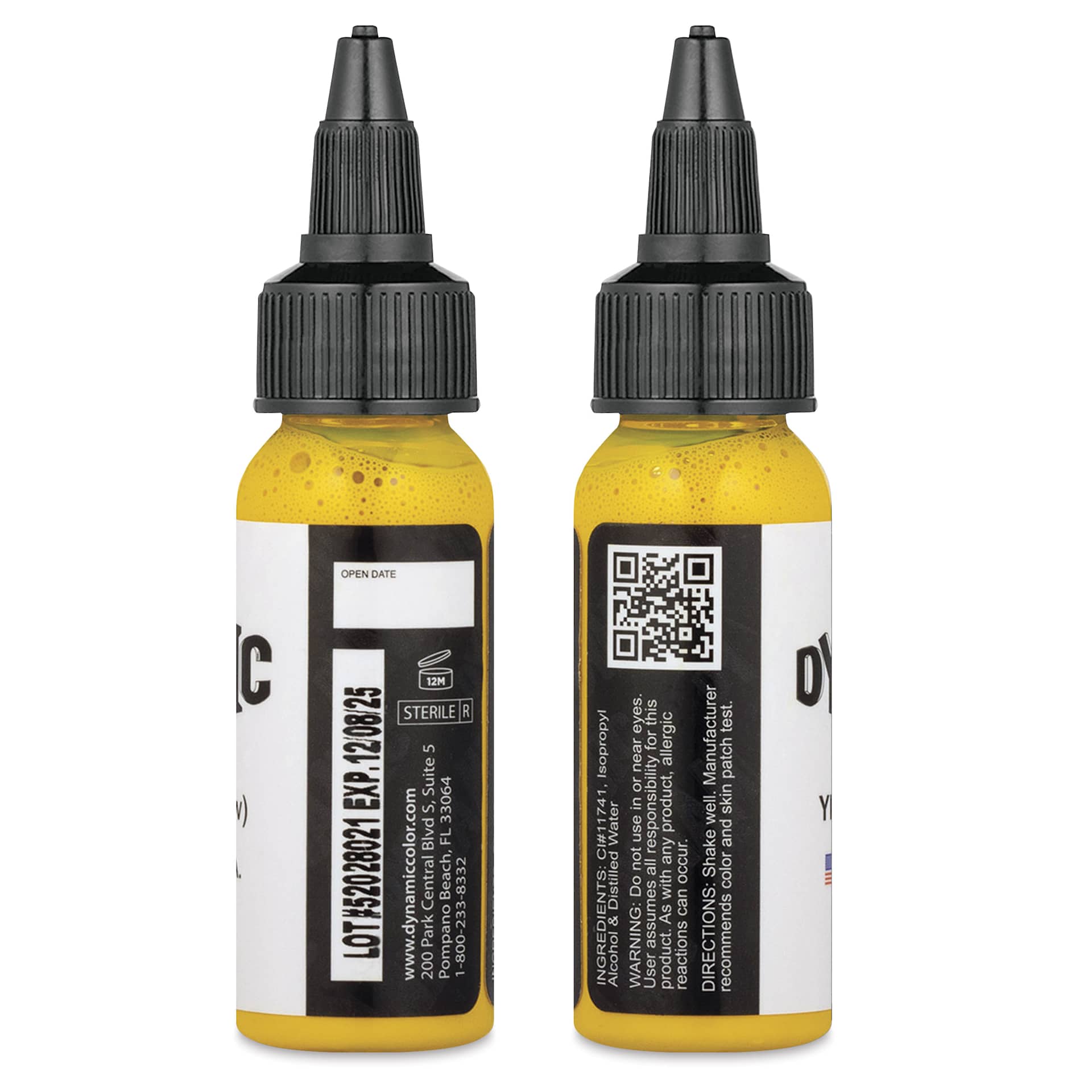 Dynamic Color Tattoo Ink - Canary Yellow, 1 oz bottle, sides of bottle