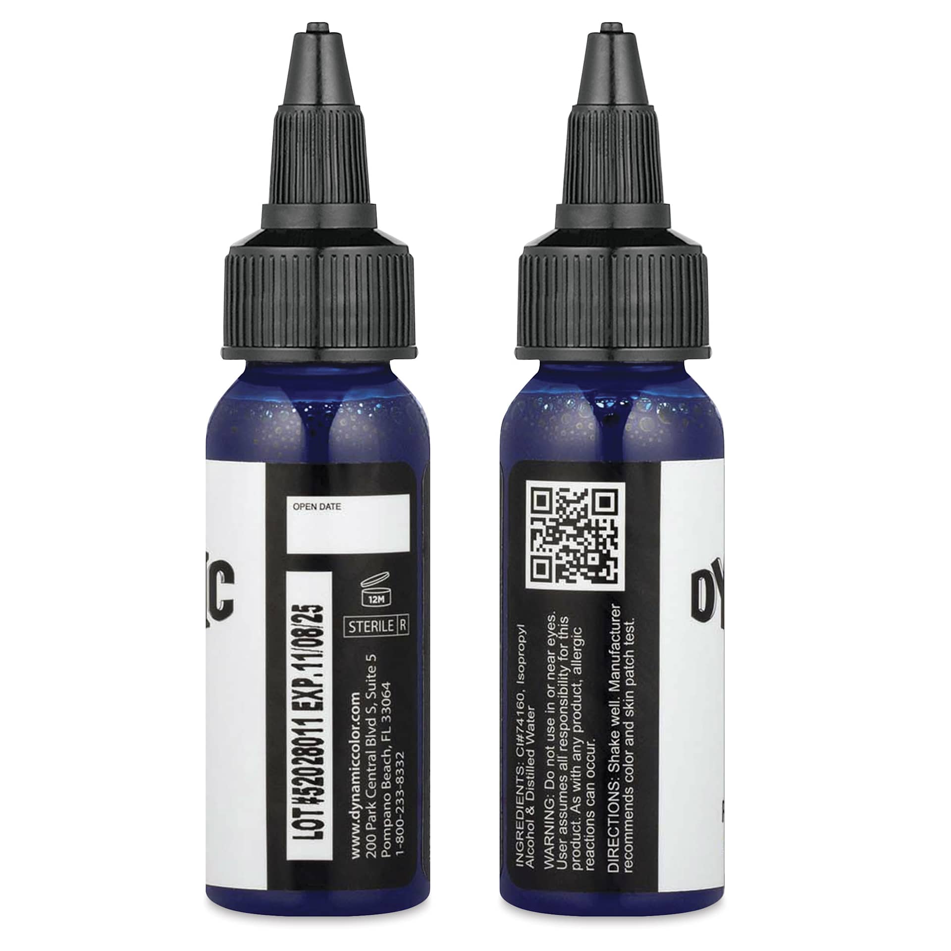 Dynamic Color Tattoo Ink - Blue, 1 oz bottle, sides of bottle
