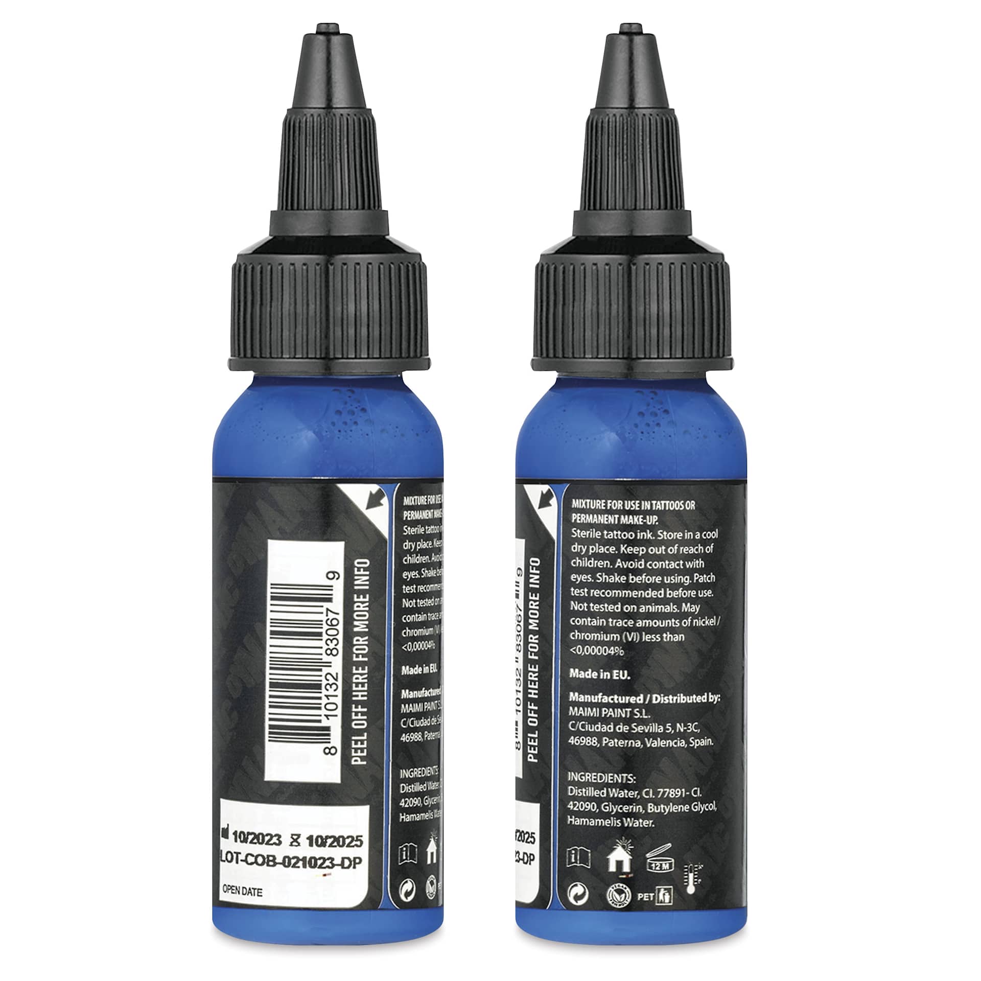 Dynamic Color Tattoo Ink - Azure Blue, 1 oz bottle, sides of bottle