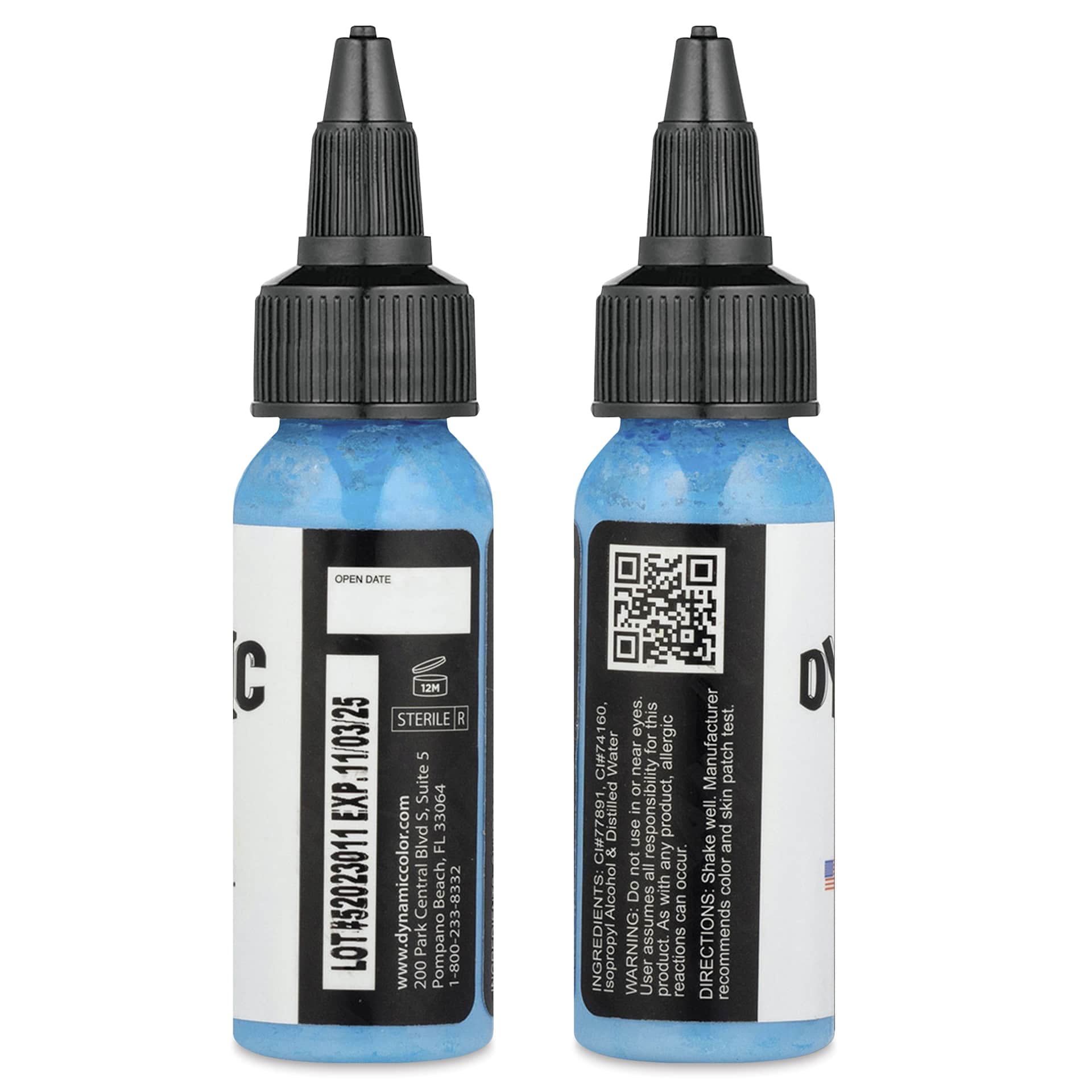 Dynamic Color Tattoo Ink - Sky Blue, 1 oz bottle, sides of bottle