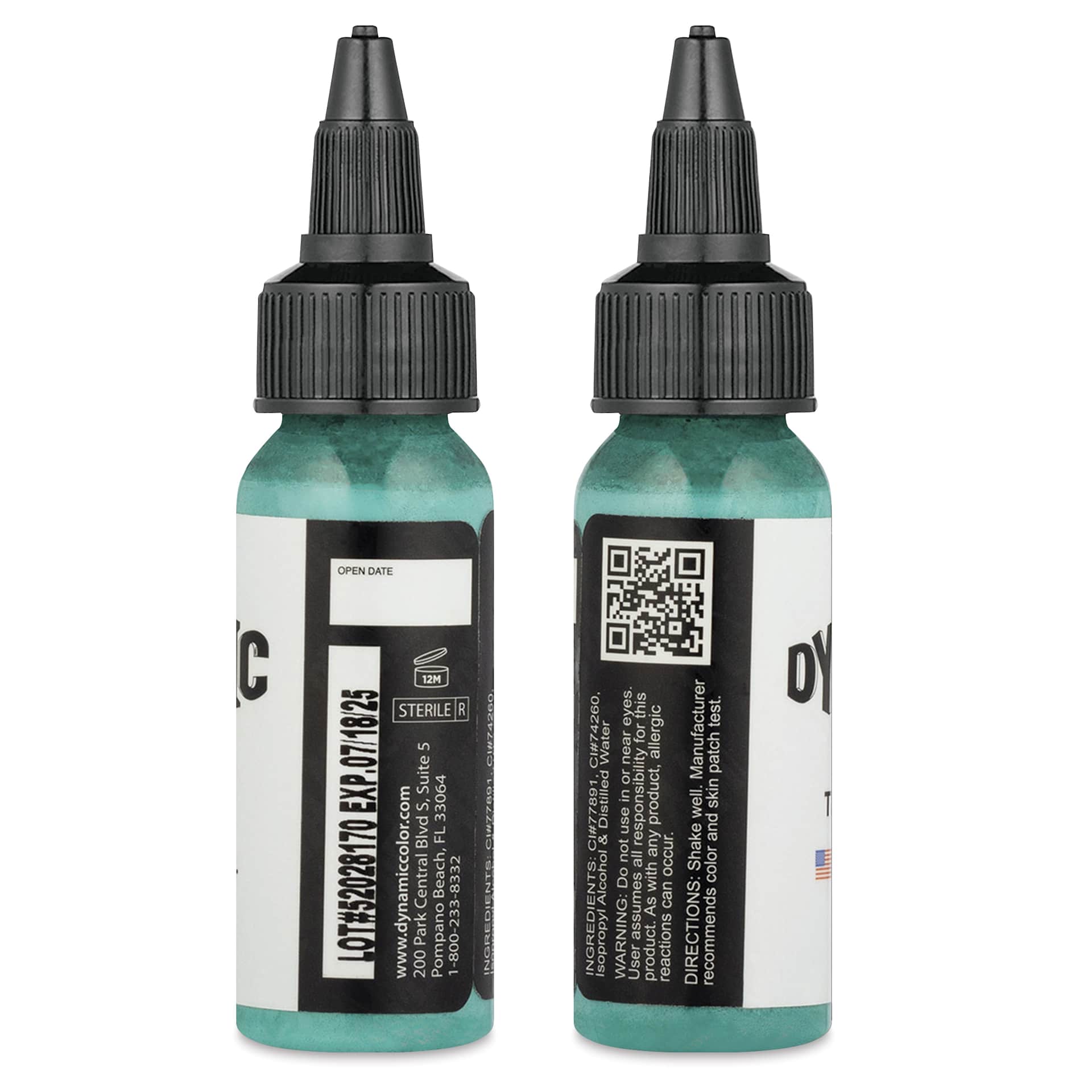 Dynamic Color Tattoo Ink - Turquoise, 1 oz bottle, sides of bottle