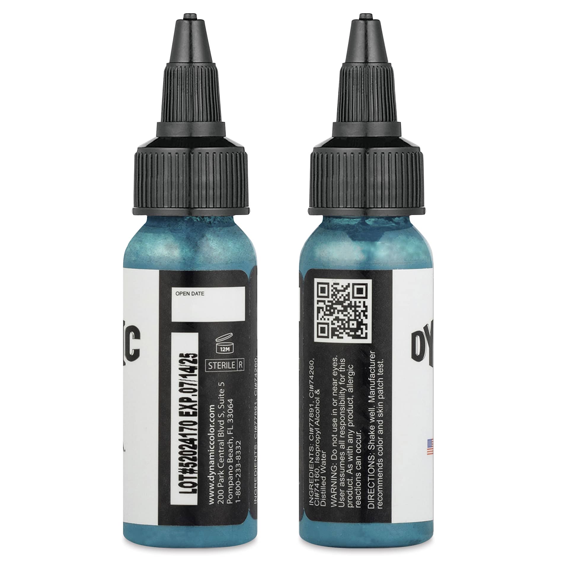 Dynamic Color Tattoo Ink - Teal, 1 oz bottle, sides of bottle