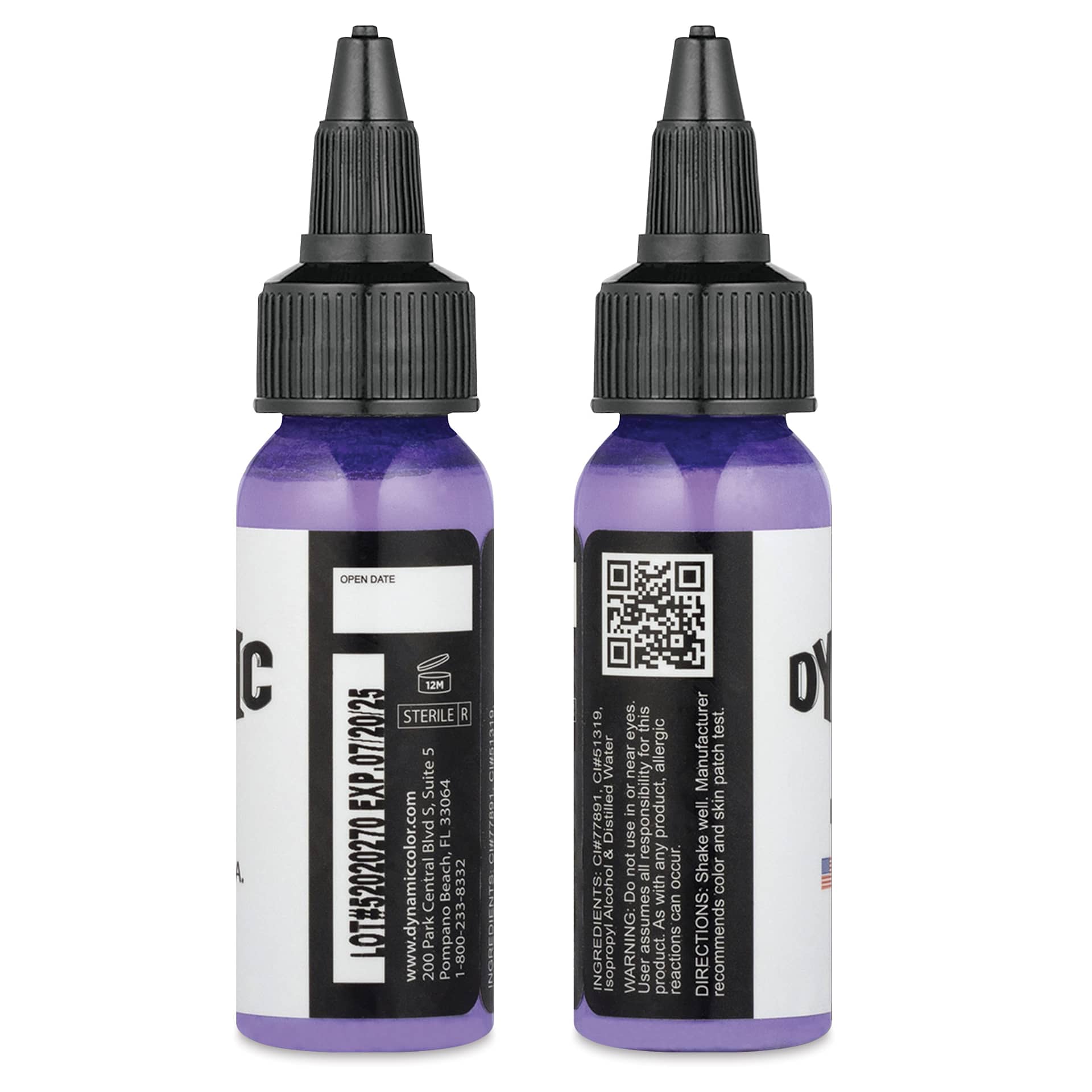 Dynamic Color Tattoo Ink - Lavender, 1 oz bottle, sides of bottle