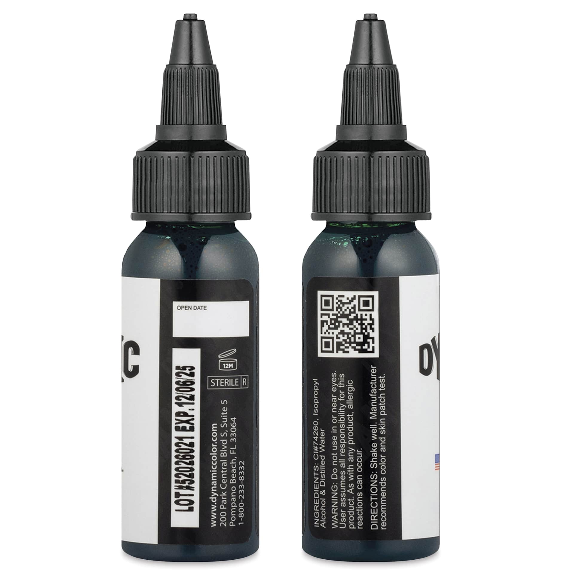 Dynamic Color Tattoo Ink - Green, 1 oz bottle, sides of bottle