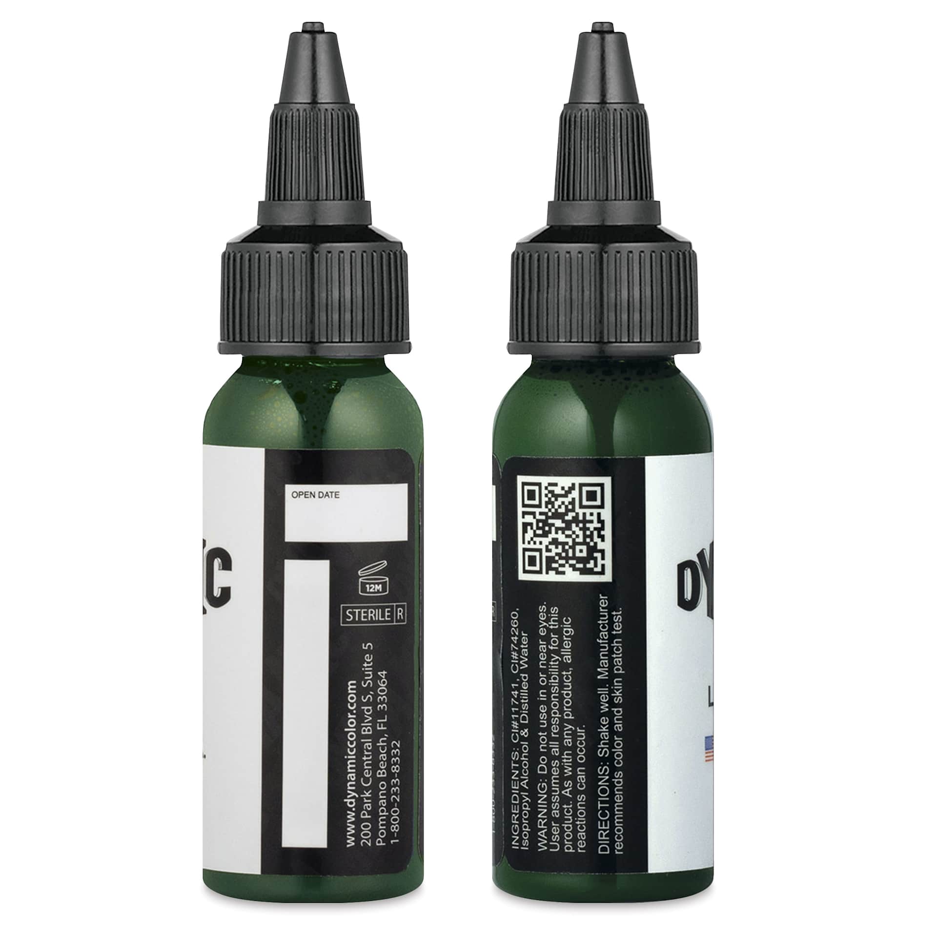 Dynamic Color Tattoo Ink - Leaf Green, 1 oz bottle, sides of bottle