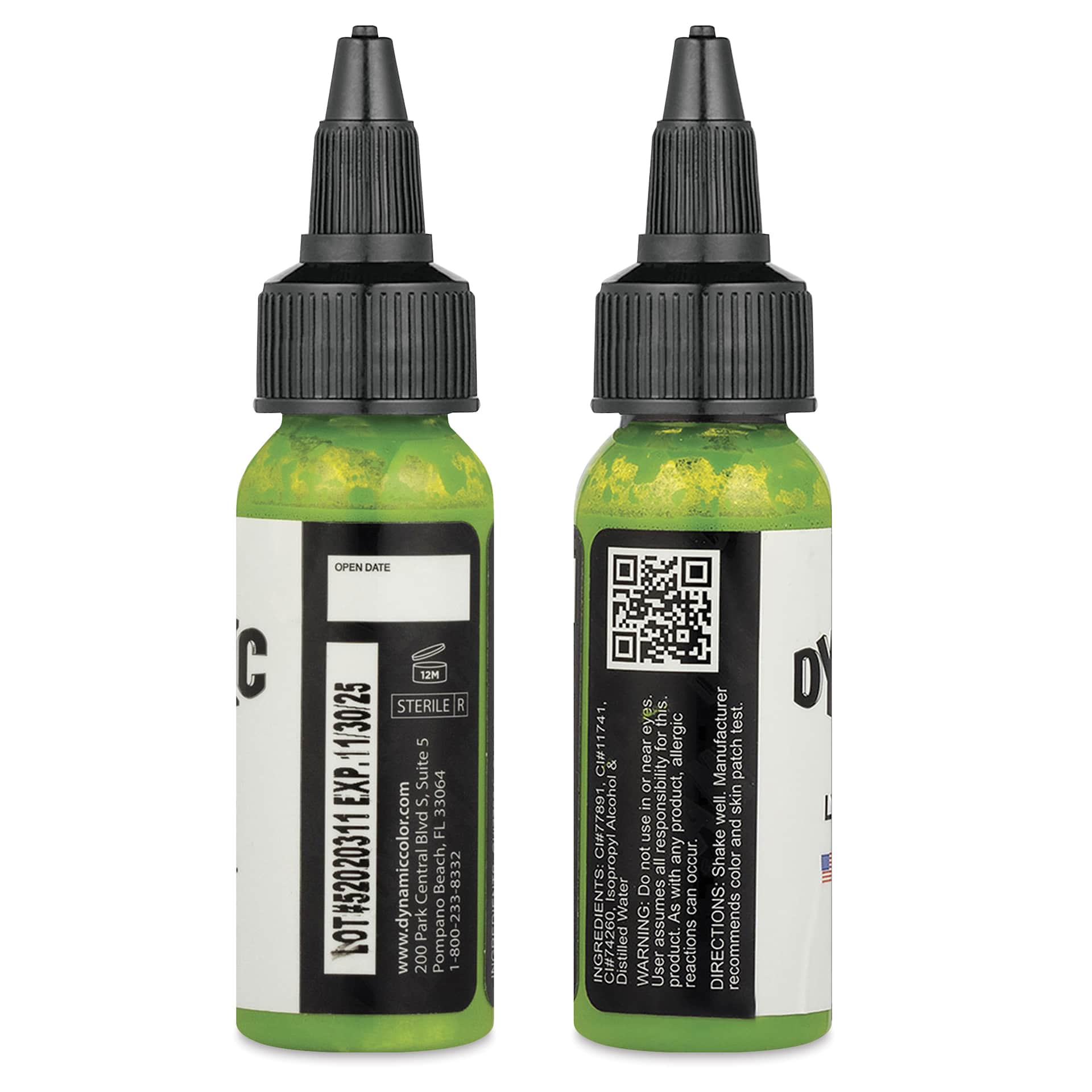 Dynamic Color Tattoo Ink - Lime Green, 1 oz bottle, sides of bottle