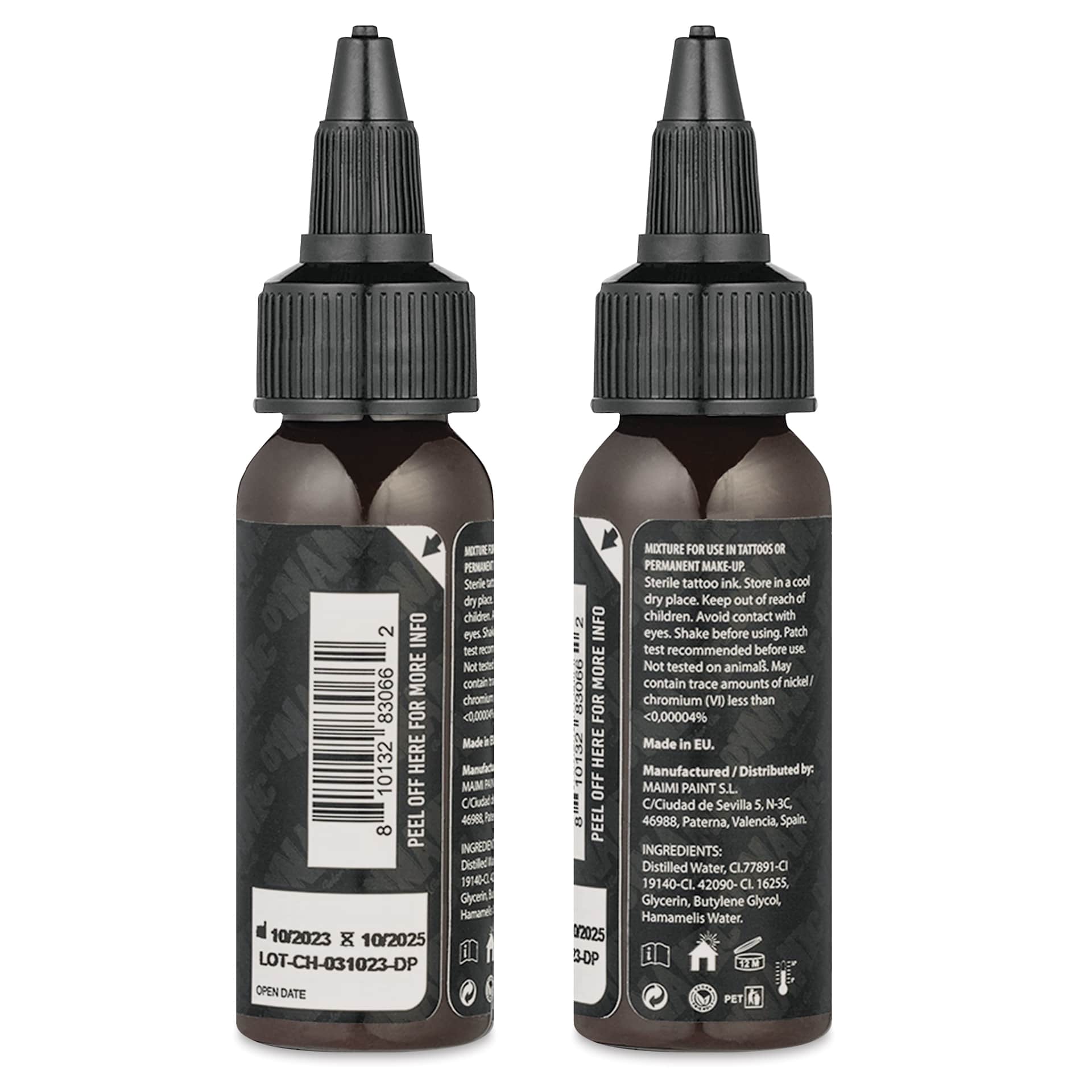Dynamic Color Tattoo Ink - Chocolate, 1 oz bottle, sides of bottle