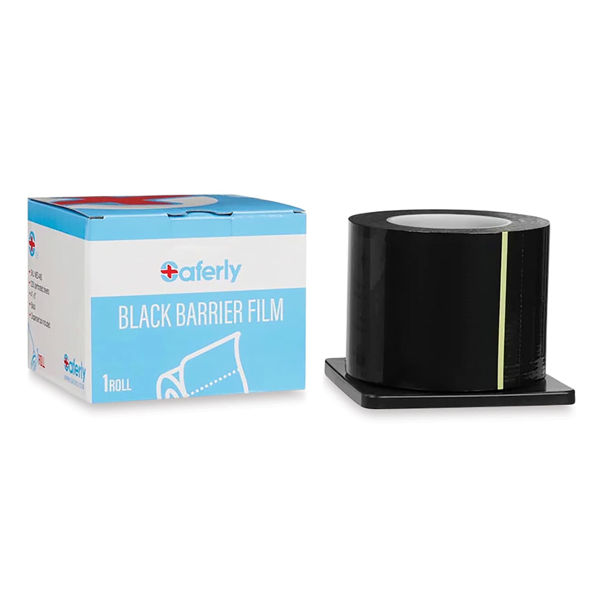 Saferly Medical Barrier Film - Black, 4" x 6", Pkg of 1200, next to packaging