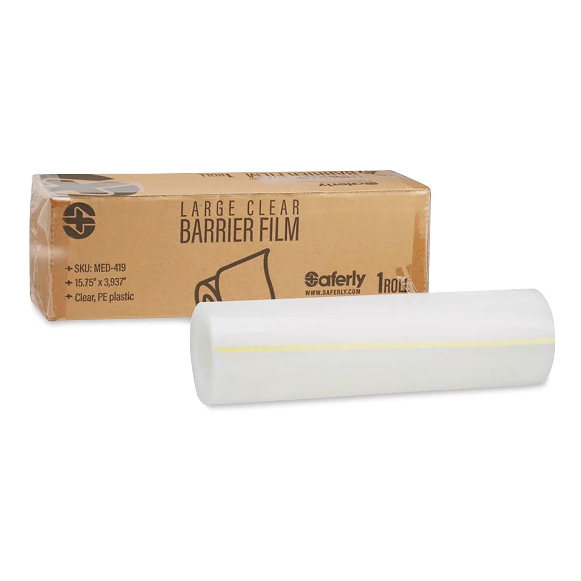 Saferly Medical Barrier Film - Clear, 15-3/4" x 100 m, Roll, roll next to packaging