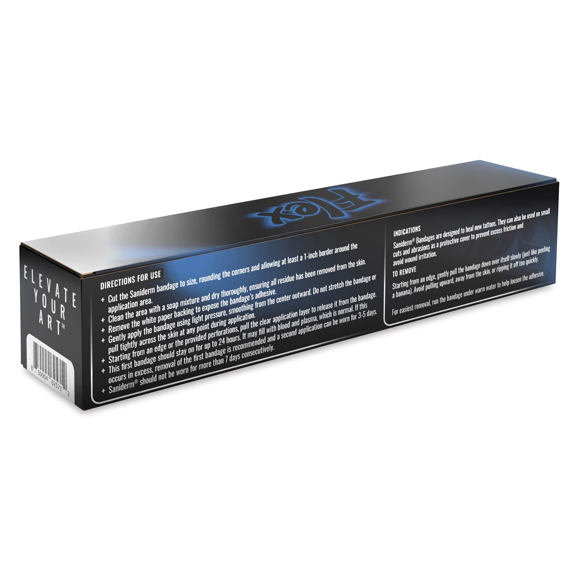 Saniderm Flex Tattoo Bandage - Matte, 10-1/5" x 2 yds, back of packaging