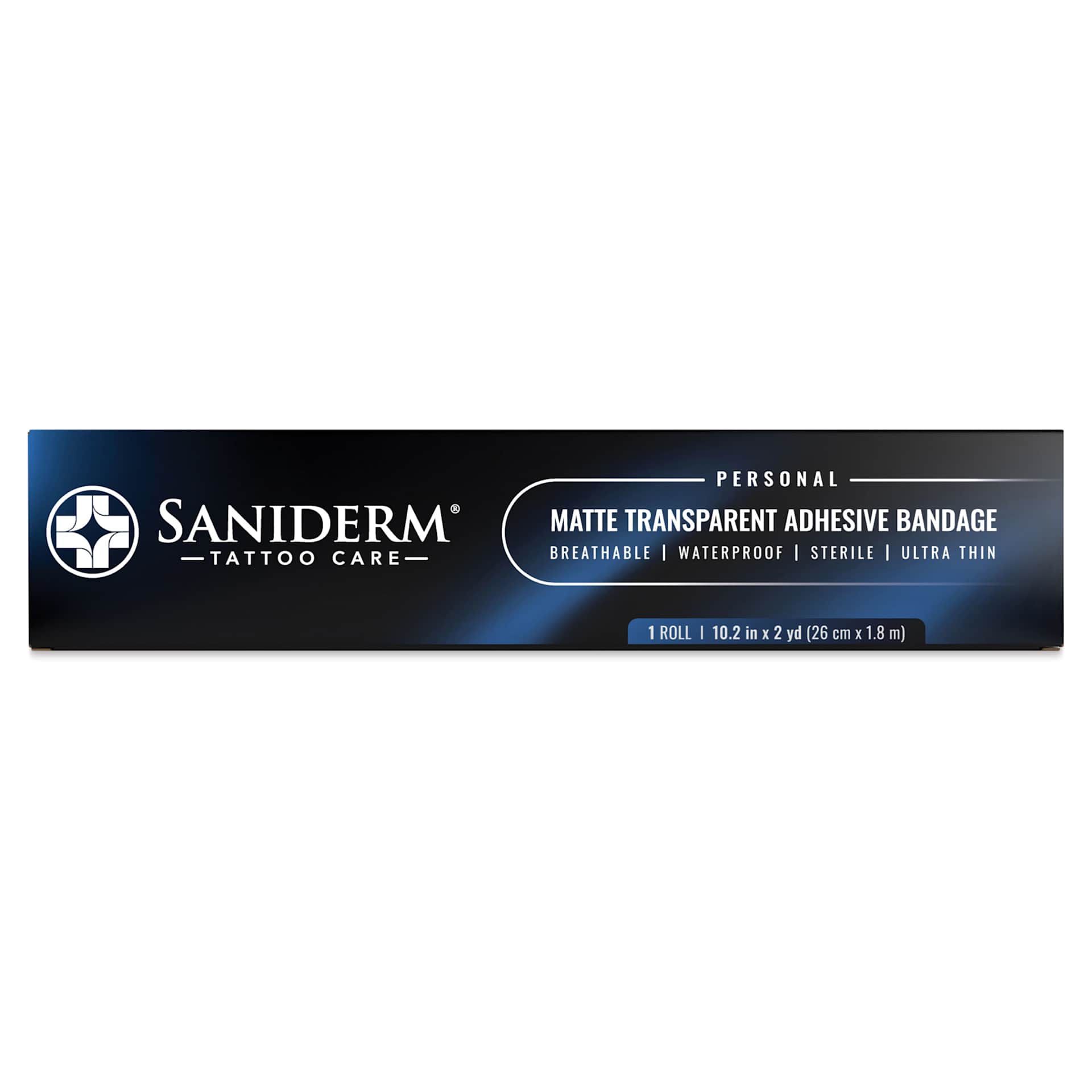 Saniderm Flex Tattoo Bandage - Matte, 10-1/5" x 2 yds, front of packaging