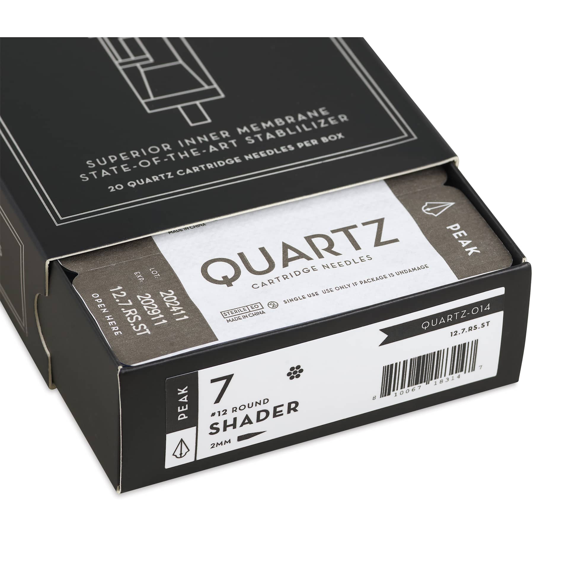 Peak Quartz Round Shader Short Taper Tattoo Needle Cartridges - #12, 7 Needles, Pkg of 20, open packaging