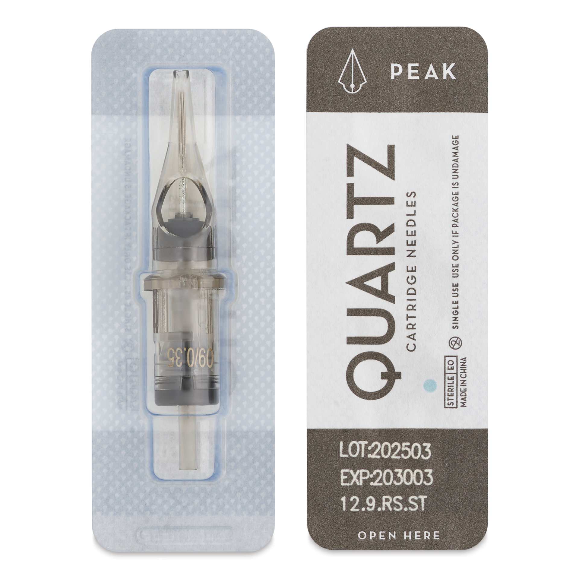 Peak Quartz Round Shader Short Taper Tattoo Needle Cartridges - #12, 9 Needles, Pkg of 20, single needle packaging