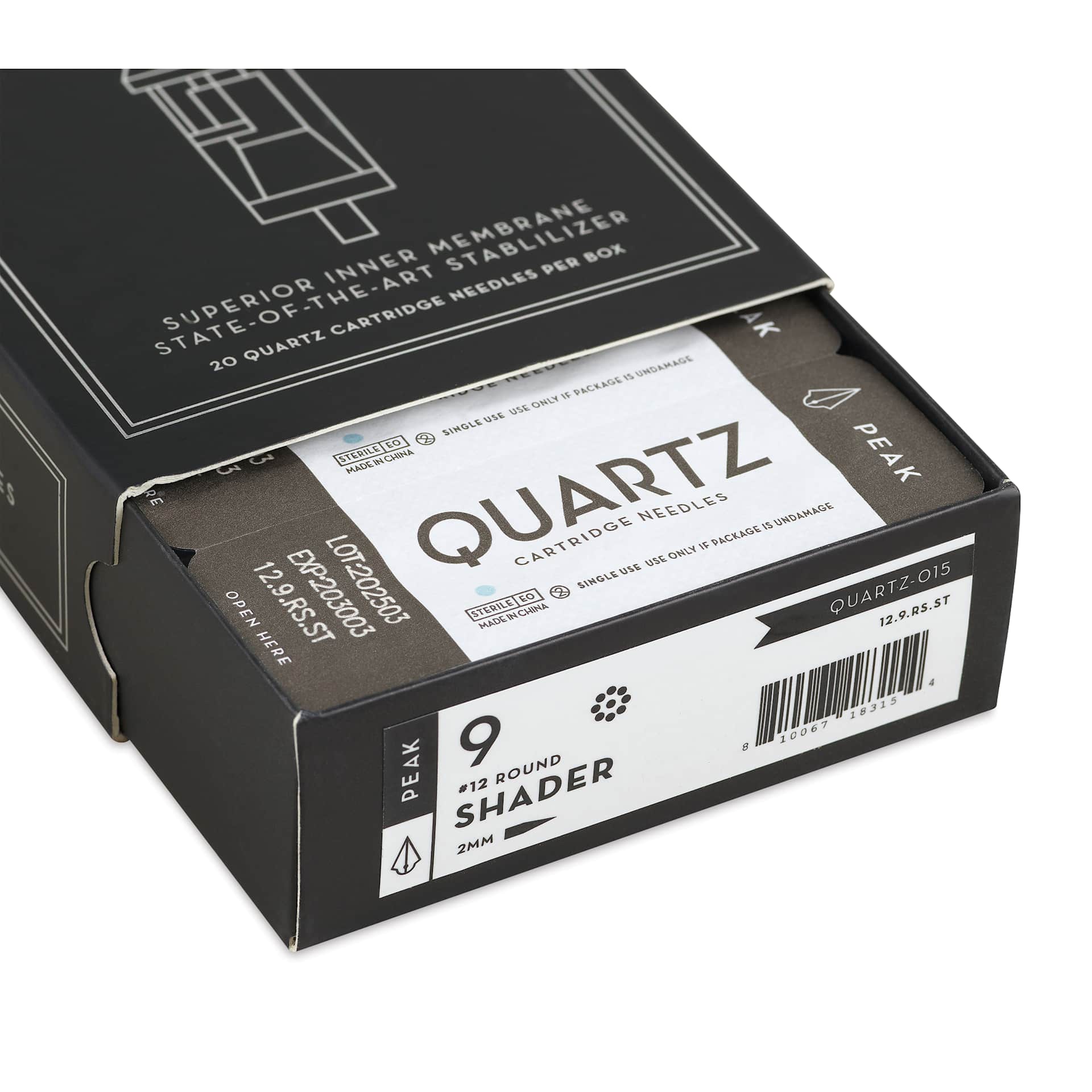 Peak Quartz Round Shader Short Taper Tattoo Needle Cartridges - #12, 9 Needles, Pkg of 20, open packaging